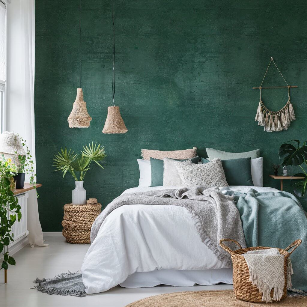 13 Stunning Green Bedroom Wallpaper Ideas You’ll Love 1 Elegant bedroom showcasing 'Sage Green Serenity' wallpaper, featuring soft sage green tones that create a calming and harmonious atmosphere. Perfect for those seeking green bedroom wallpaper ideas, this design blends modern style with a touch of nature-inspired tranquility, enhancing the cozy ambiance of any sleeping space.