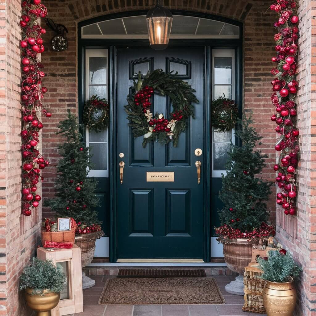 13 Must-Try Christmas Entryway Décor Ideas for a Warm Welcome 12 Beautiful Christmas entryway decor featuring scented elements like cinnamon sticks, pinecones, and fresh greenery. This festive arrangement creates a warm and inviting holiday atmosphere, perfect for welcoming guests. Ideal for Christmas entryway decor ideas that combine natural scents with elegant seasonal style.