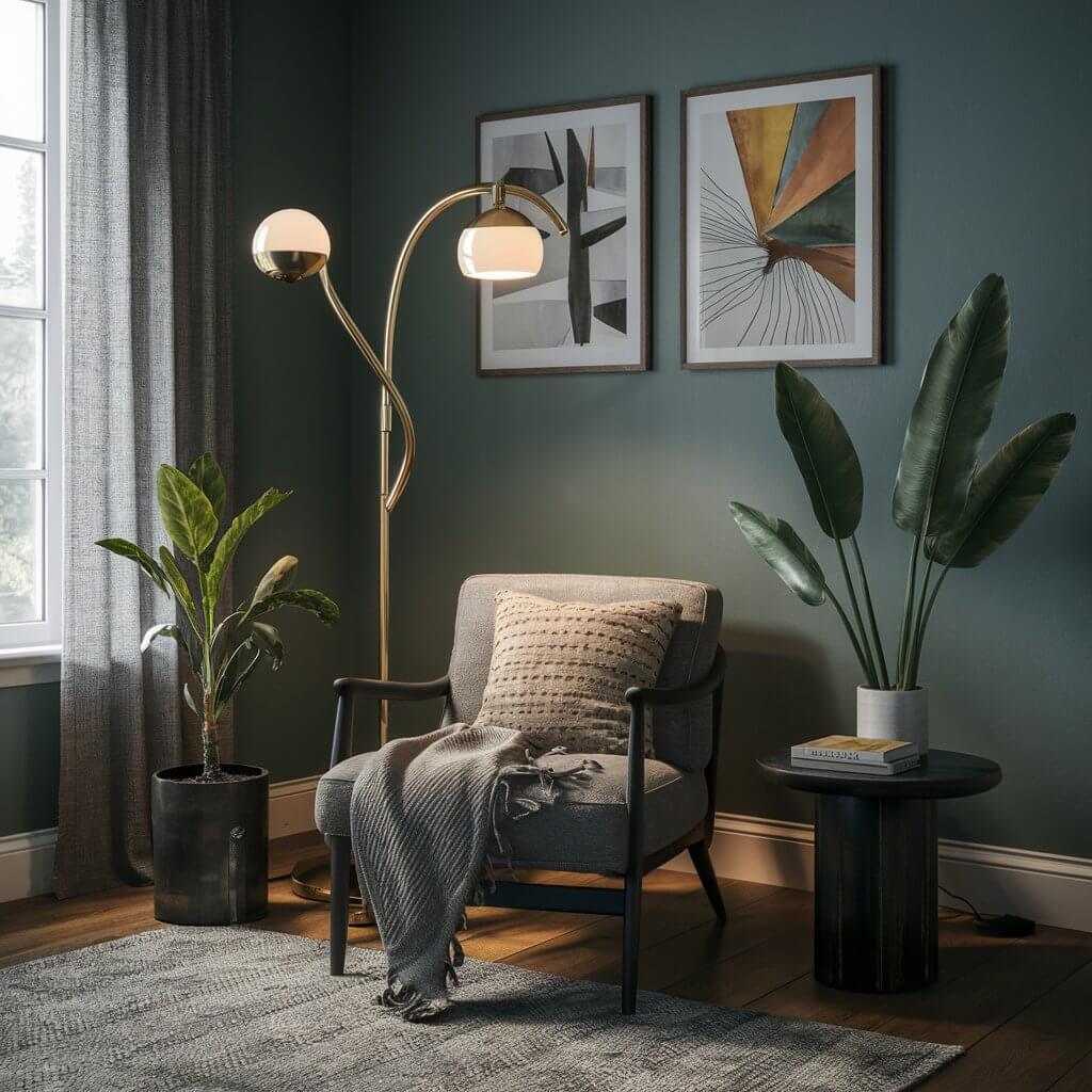 13 Creative Small Bedroom Lighting Ideas to Brighten Your Space 7 Cozy small bedroom featuring a stylish sculptural floor lamp that adds warm, ambient lighting, perfect for small space lighting solutions. This elegant floor lamp highlights modern design elements, making it an ideal choice for small bedroom lighting ideas, enhancing the room's aesthetic with soft, diffused light. Ideal for creating a relaxing atmosphere in limited spaces, this sculptural lamp elevates the bedroom's decor while providing functional illumination.
