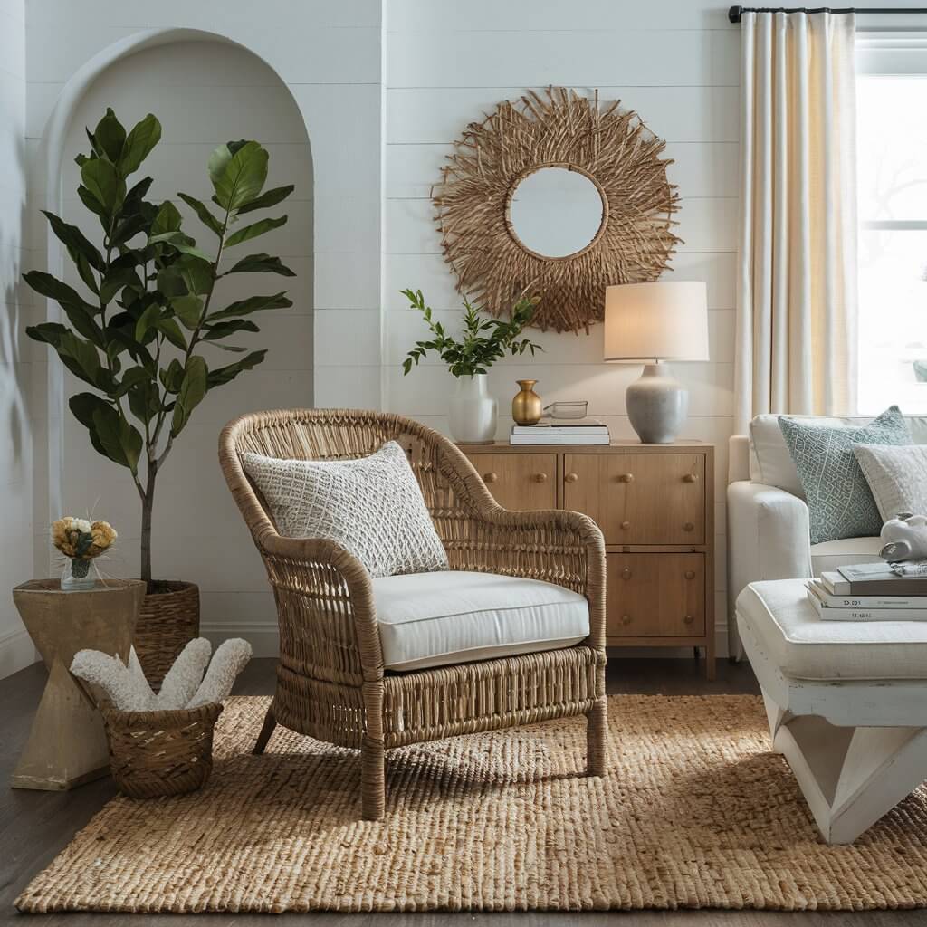 12 Coastal Living Room Chairs Perfect for Lazy Summer Days 2 Seagrass accent chair in a coastal living room, showcasing natural textures and a relaxed beach-inspired vibe. The chair is styled with soft blue throw pillows, complementing the airy, ocean-themed decor. Ideal for adding an organic touch to coastal or nautical interiors, this chair enhances the room's serene and inviting ambiance.