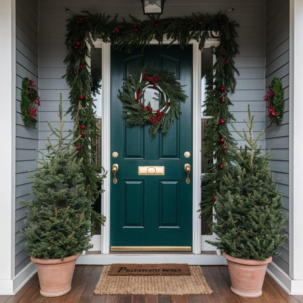 13 Must-Try Christmas Entryway Décor Ideas for a Warm Welcome 3 Festive Christmas entryway decor featuring lush seasonal greenery, including garlands and wreaths adorned with red berries and pinecones. This welcoming holiday scene captures the essence of cozy, traditional holiday decorating, perfect for creating a warm and inviting first impression during the Christmas season.