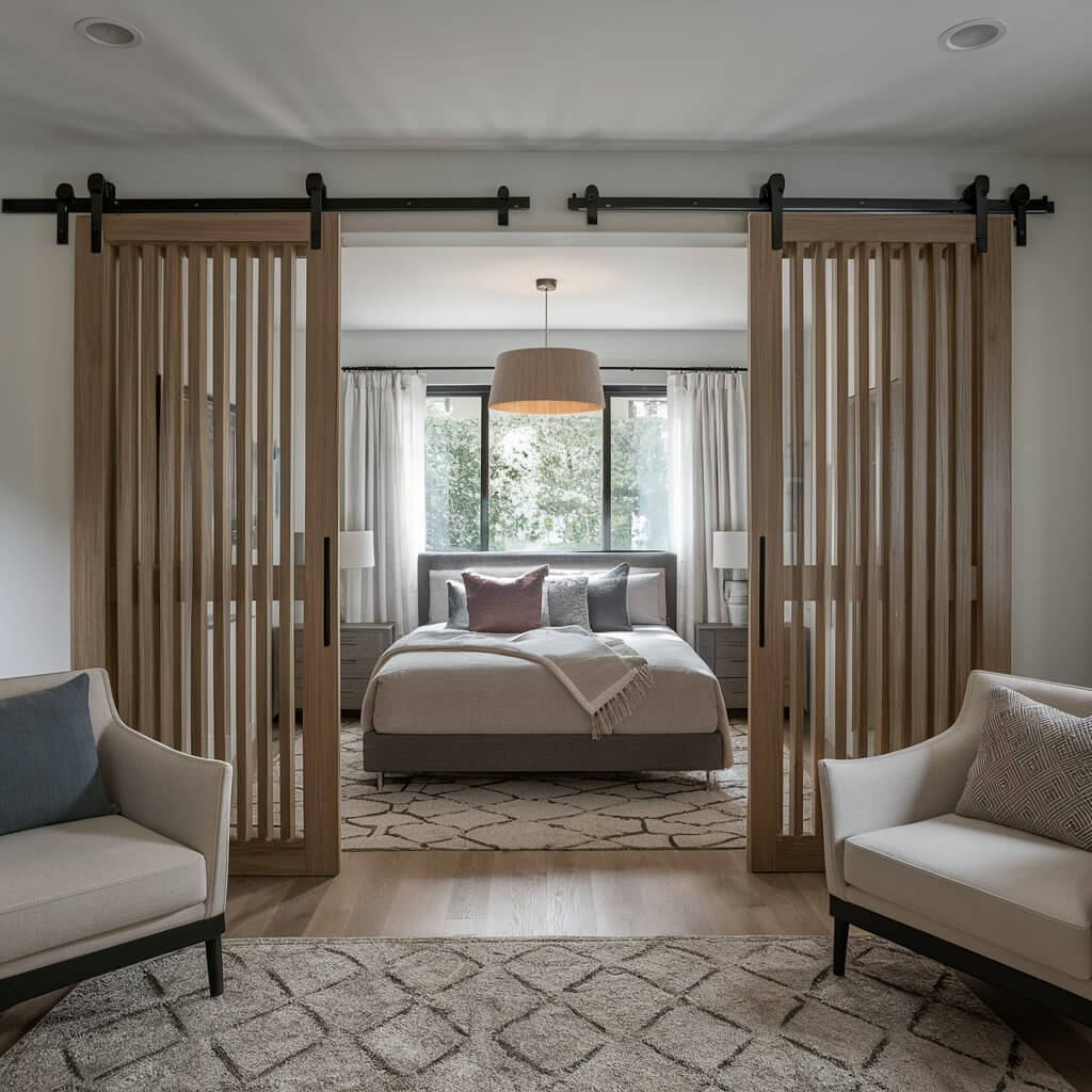 12 Modern Bedroom Door Ideas to Elevate Your Interior Design 1 Stylish and modern bedroom featuring sleek sliding doors that enhance space and provide a minimalist aesthetic. This bedroom door idea brings a contemporary touch, with smooth lines and space-saving functionality, ideal for compact or modern home designs. Perfect for creating privacy without sacrificing style, these sliding doors offer an elegant solution for those seeking a functional yet fashionable bedroom door design.
