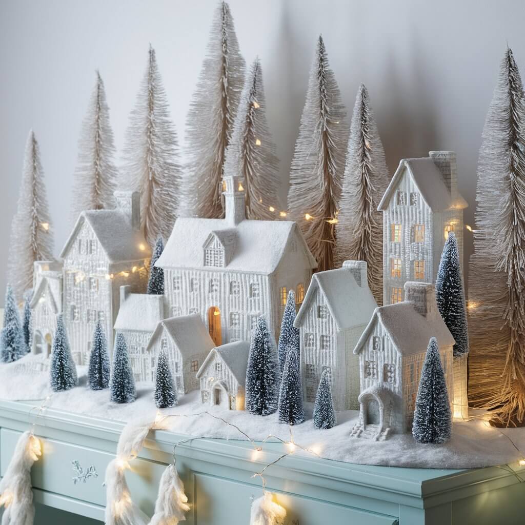 13 Creative White Christmas Decorations Ideas to Make Your Home Sparkle 6 Snowy Village Display featuring white Christmas decorations with a charming, wintery scene. This elegant holiday decor setup includes snow-covered miniature houses, frosted trees, and twinkling lights, perfect for creating a serene, festive atmosphere. Ideal for those looking for inspiration in white Christmas decoration ideas to bring a touch of winter wonderland to their home.