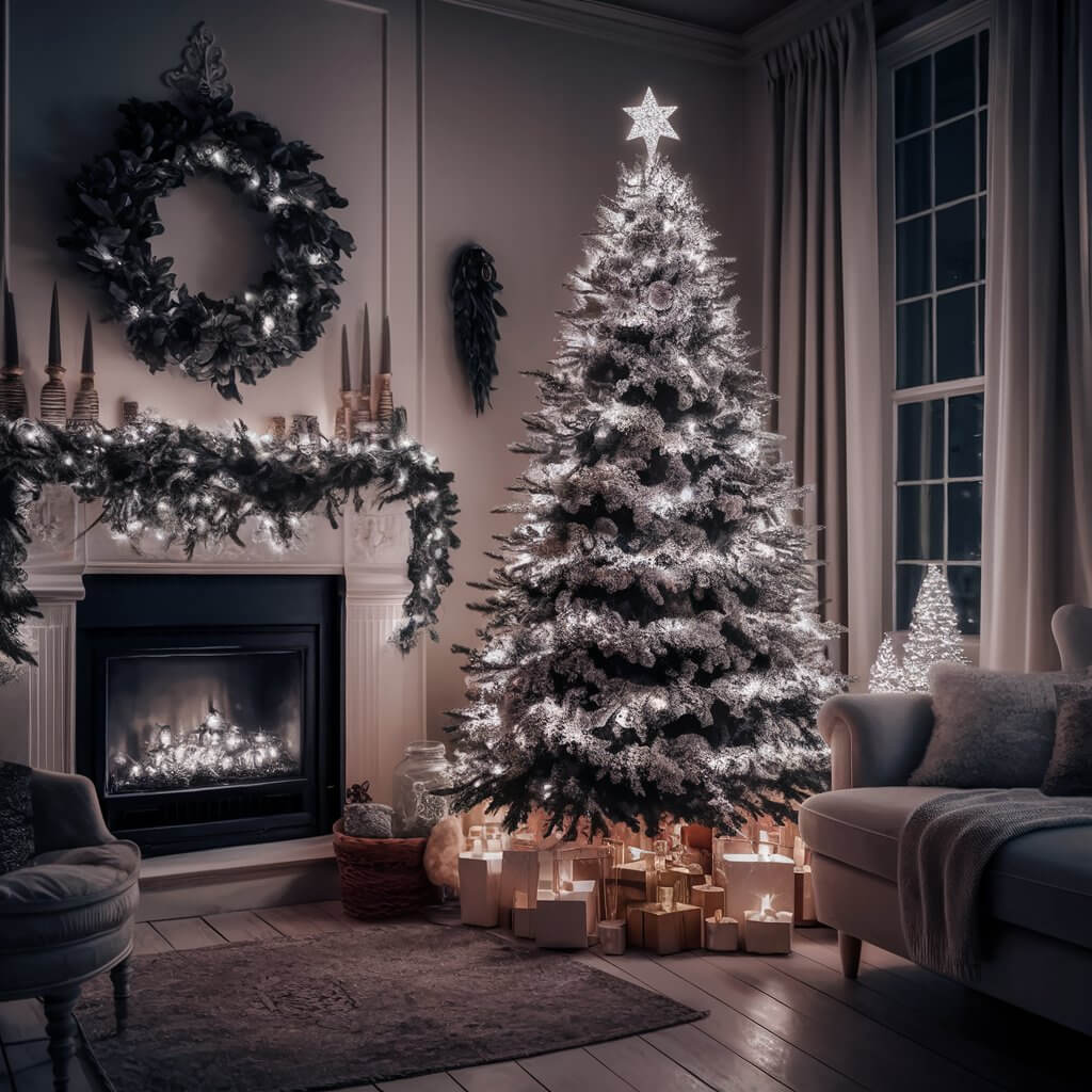 13 Creative White Christmas Decorations Ideas to Make Your Home Sparkle 5 A cozy living room adorned with sparkling white lights creating a festive and elegant atmosphere for Christmas. The scene features white Christmas decorations, including garlands, ornaments, and shimmering accents, highlighting the beauty of a winter wonderland theme perfect for holiday inspiration.