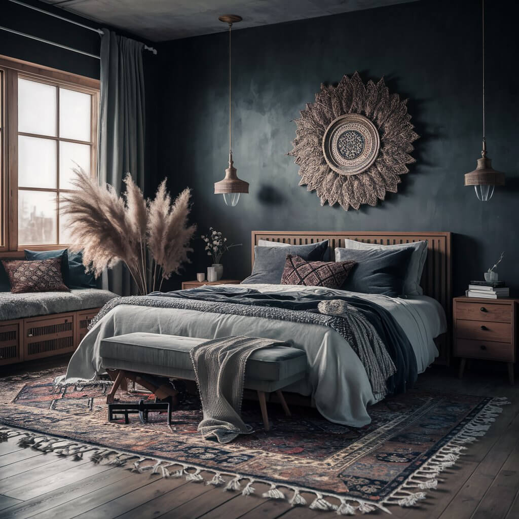 13 Dark Boho Bedroom Ideas That Will Inspire Your Next Redecorating Project 10 Dark boho bedroom ideas featuring statement rugs in rich textures and bold patterns. A perfect blend of moody tones, eclectic decor, and stylish statement pieces to create a cozy, bohemian-inspired retreat. The statement rug adds warmth and visual interest to the dark-colored walls and furniture, creating an inviting and unique atmosphere in a modern boho bedroom.