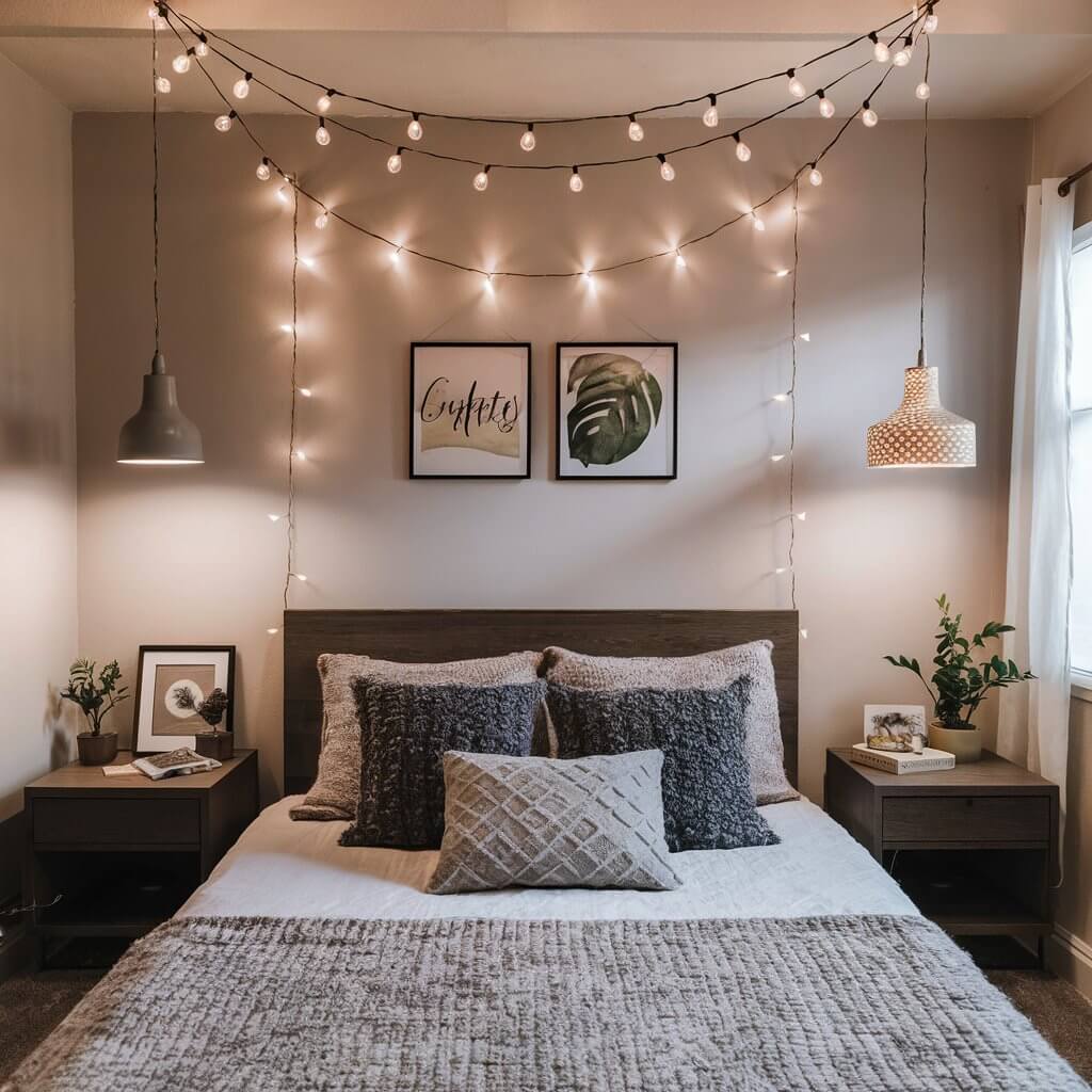 13 Creative Small Bedroom Lighting Ideas to Brighten Your Space 12 Cozy small bedroom lighting ideas showcasing warm string lights elegantly hung above the bed, creating a soft and inviting ambiance. The twinkling lights enhance the room's decor, perfect for maximizing space while adding a touch of whimsy and charm. Ideal for small bedrooms seeking stylish and functional lighting solutions.