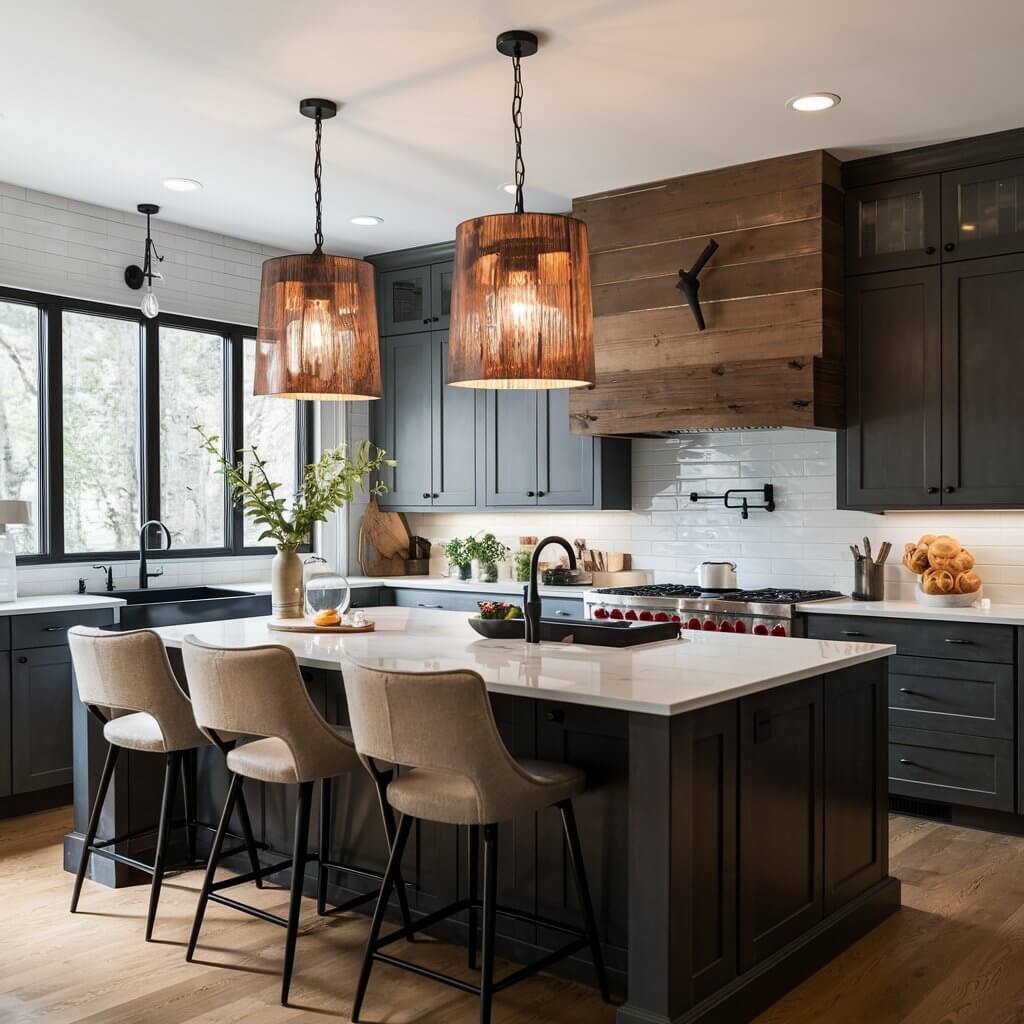 13 Kitchen Lighting Design Ideas That Will Illuminate Your Space 2 Stylish statement fixtures illuminate this modern kitchen, showcasing unique lighting ideas that blend functionality with contemporary design. The bold pendant lights create a striking focal point over the kitchen island, enhancing the space's ambiance and style. Ideal for anyone seeking kitchen lighting inspiration, these fixtures bring a perfect balance of elegance and warmth, making the kitchen both inviting and well-lit.