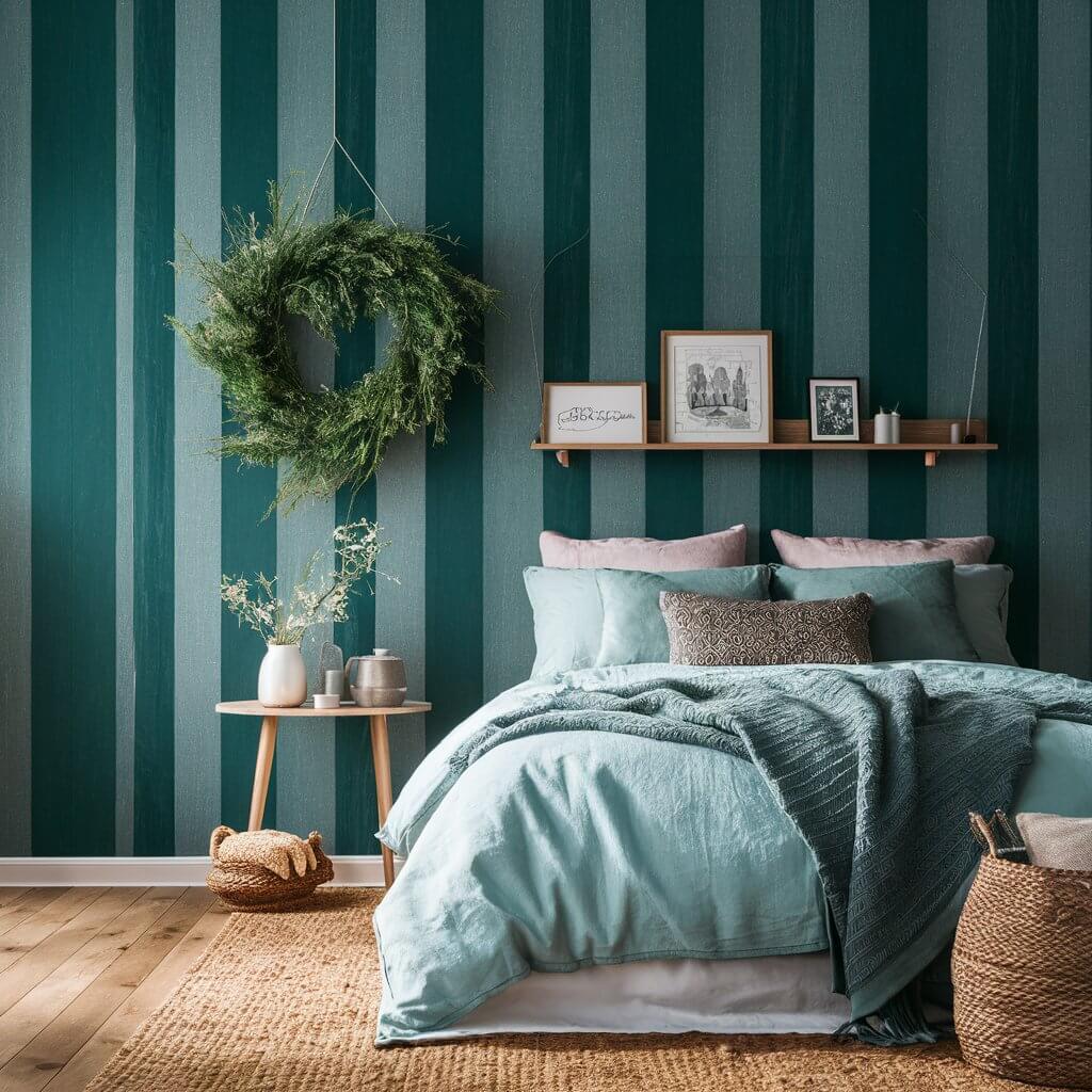 13 Stunning Green Bedroom Wallpaper Ideas You’ll Love 9 Elegant green bedroom wallpaper featuring subtle stripes design, offering a calming and sophisticated atmosphere. Perfect for creating a serene and stylish bedroom retreat, this wallpaper adds texture and depth with its delicate, understated stripes. Ideal for modern and organic bedroom decor, this green wallpaper is a versatile choice to complement a variety of interior styles, from minimalistic to contemporary.
