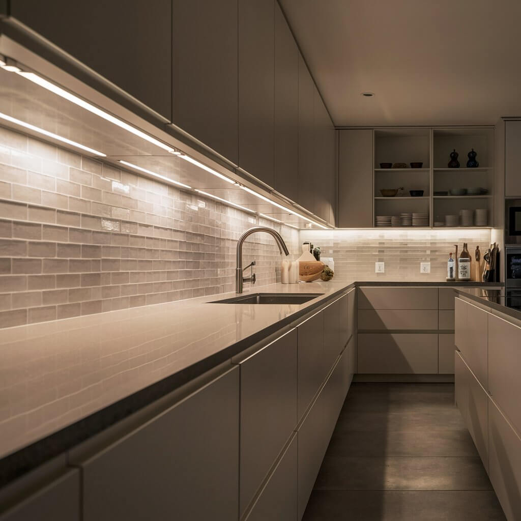 13 Kitchen Lighting Design Ideas That Will Illuminate Your Space 3 Bright and stylish kitchen showcasing subtle under-cabinet lighting ideas that add a soft, warm glow to the countertops, enhancing functionality and ambiance. This modern kitchen lighting design highlights clean, minimalist cabinetry and offers an elegant, efficient solution for illuminating prep areas. Perfect for those seeking practical yet chic kitchen lighting ideas for a cozy and inviting atmosphere.