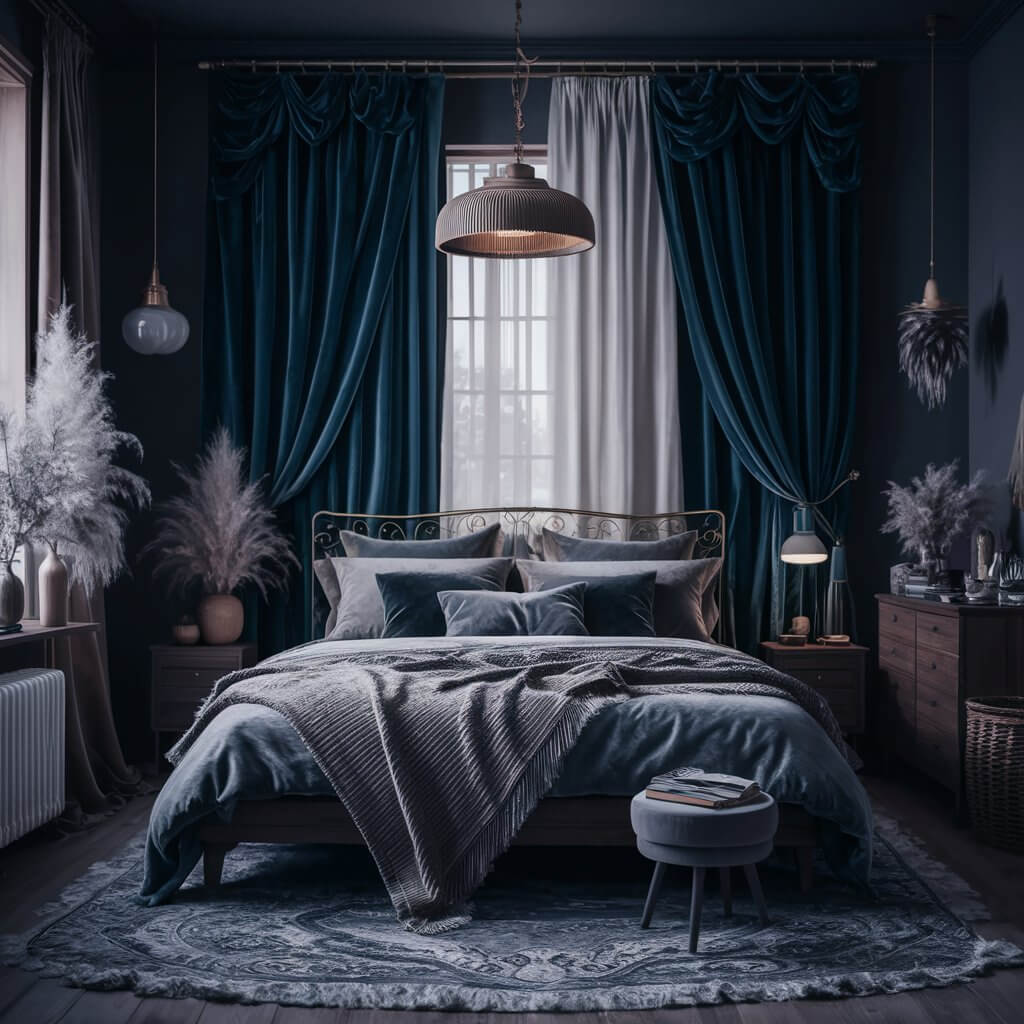 13 Dark Boho Bedroom Ideas That Will Inspire Your Next Redecorating Project 9 Textured curtains in a dark boho bedroom setting, showcasing rich fabrics with intricate patterns that add depth and warmth. This cozy space features layered textiles, earthy tones, and eclectic decor for a perfect blend of bohemian style and moody aesthetics.