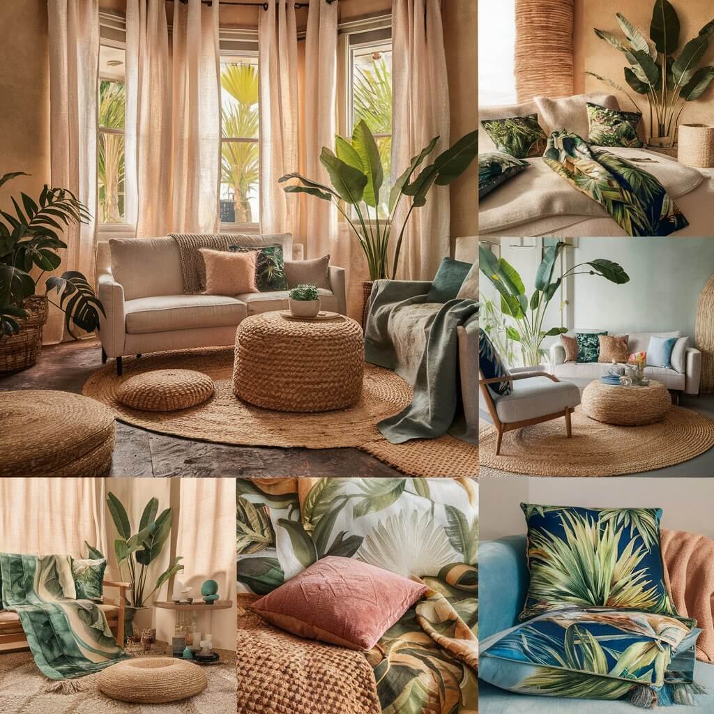 14 Creative Tropical Living Room Ideas to Spice Up Your Home Décor 7 Bright and inviting tropical living room featuring textured fabrics on cushions and curtains, complemented by natural wood furniture, lush green indoor plants, and vibrant decor accents, creating a cozy island-inspired ambiance perfect for a modern tropical retreat.