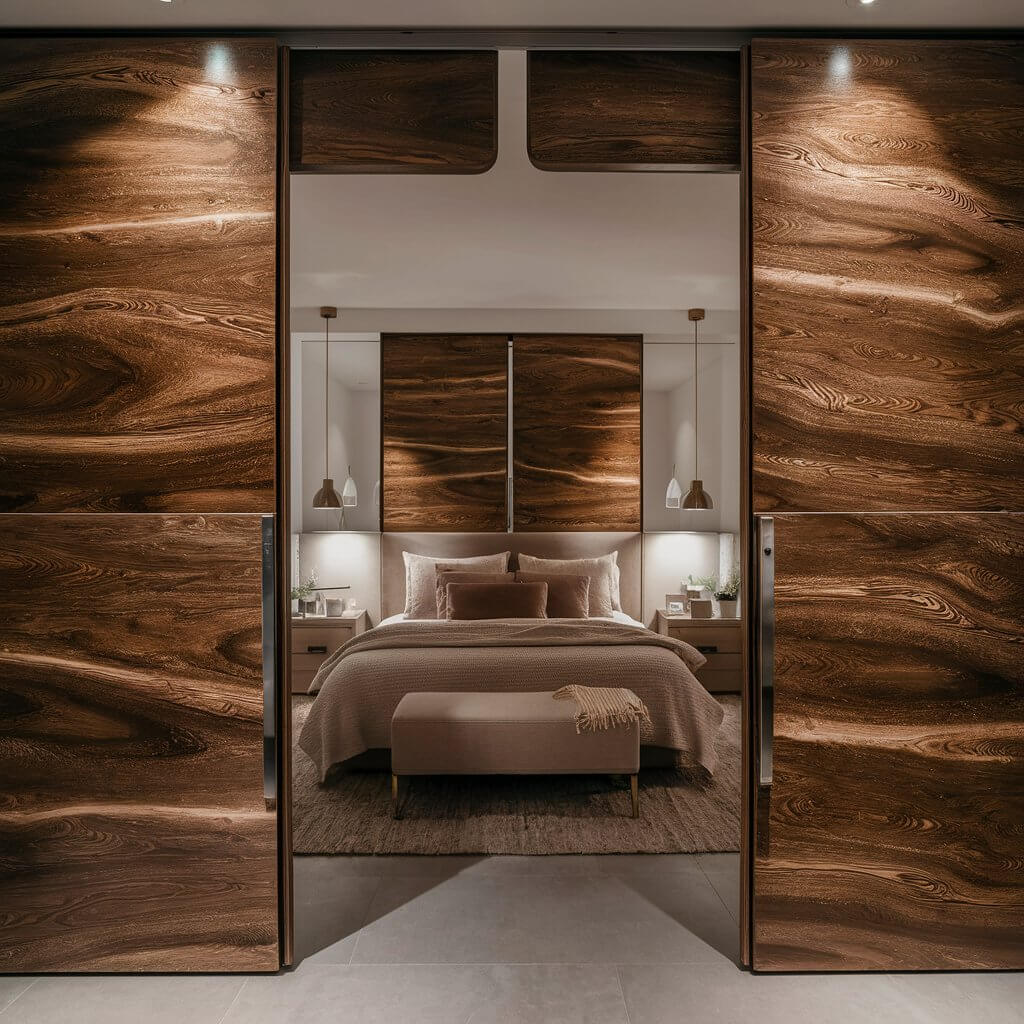 12 Modern Bedroom Door Ideas to Elevate Your Interior Design 9 Textured laminate bedroom door featuring a sleek, modern design, adding depth and style to any bedroom decor. This bedroom door idea combines durability with aesthetic appeal, offering a versatile choice for modern and minimalist spaces. Perfect for enhancing privacy while complementing various interior themes, from contemporary to rustic. Ideal for those seeking functional yet stylish bedroom door ideas with a textured, easy-to-clean surface.