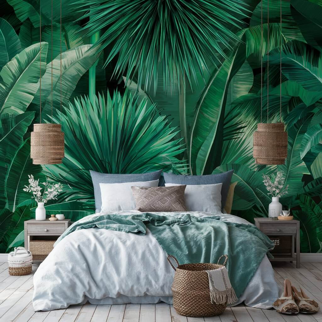 13 Stunning Green Bedroom Wallpaper Ideas You’ll Love 8 Explore stunning Green Bedroom Wallpaper Ideas with a Tropical Escape theme. This vibrant and lush wallpaper design features tropical leaves and jungle-inspired patterns, creating a serene and exotic atmosphere perfect for a nature-filled retreat. Ideal for a bold yet calming bedroom transformation, this green wallpaper brings the outdoors inside, enhancing any bedroom with a refreshing and peaceful vibe. Perfect for those seeking a tropical-inspired bedroom makeover.
