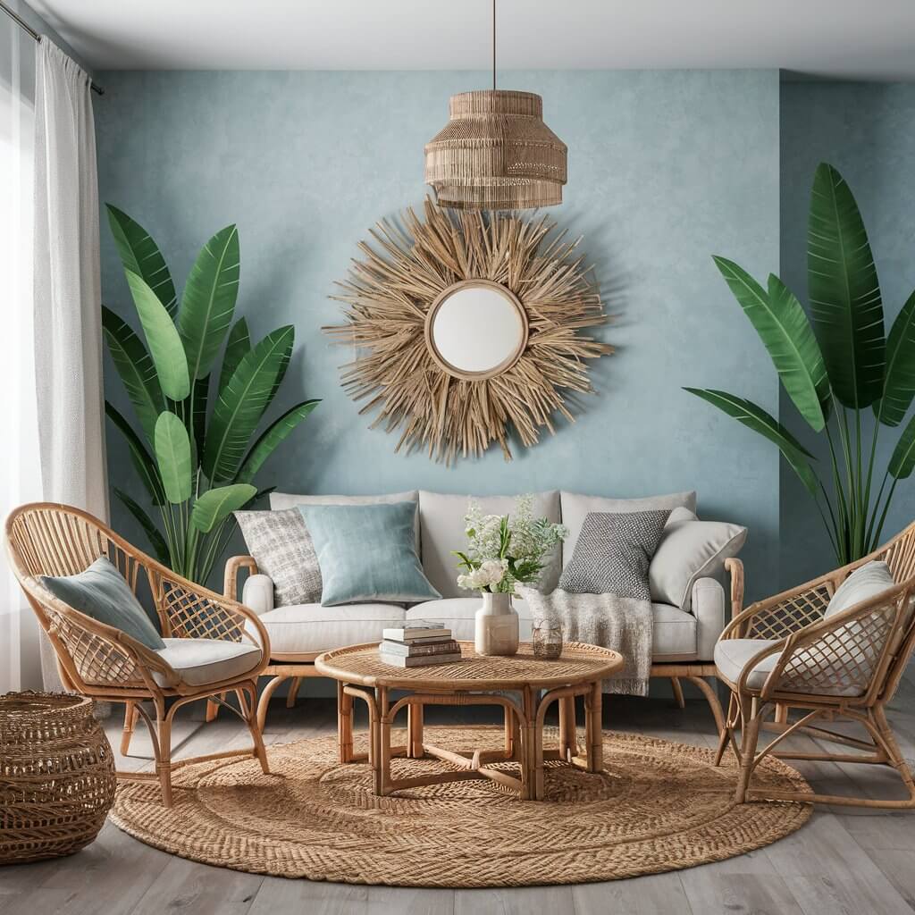 14 Creative Tropical Living Room Ideas to Spice Up Your Home Décor 1 Embrace natural materials in a tropical living room with this inspiring decor idea. The space features wicker furniture, rattan accents, lush green plants, and earthy textures, creating a serene and inviting atmosphere. Perfect for adding tropical charm and a touch of the outdoors to your living area.