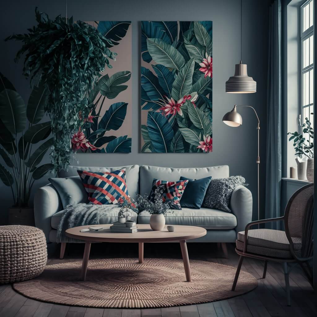 14 Creative Tropical Living Room Ideas to Spice Up Your Home Décor 4 Tropical living room featuring vibrant tropical prints, lush greenery, and natural textures, creating an inviting oasis-inspired space. Bold palm leaf patterns on throw pillows and curtains enhance the tropical vibe, while rattan furniture and wooden accents add warmth and organic charm. Perfect inspiration for tropical living room ideas.