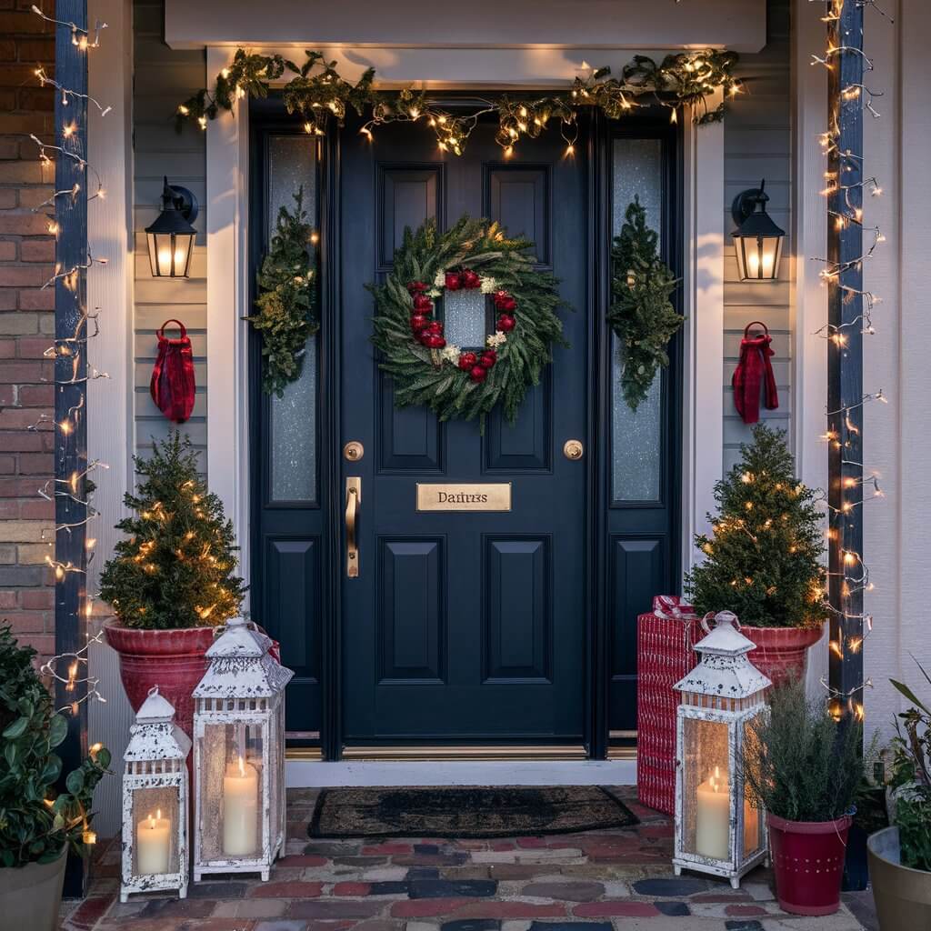 13 Must-Try Christmas Entryway Décor Ideas for a Warm Welcome 2 Festive Christmas entryway decor ideas featuring twinkling lights, creating a warm and inviting atmosphere. The entryway is beautifully adorned with sparkling string lights, complementing seasonal wreaths and holiday greenery. Perfect for welcoming guests with a cozy, festive vibe, these twinkling lights add a touch of magic to your Christmas entrance. A great inspiration for holiday home decorations, blending elegance and Christmas spirit.