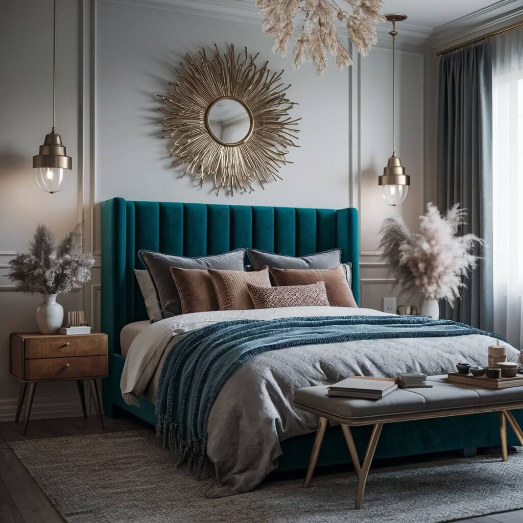 13 Stunning Master Bedroom Headboard Ideas You Need to See 1 Luxurious upholstered velvet headboard in a modern bedroom design, showcasing a plush, tufted finish for a sophisticated and cozy aesthetic. Perfect for adding elegance and comfort to any bedroom, this headboard idea combines soft textures with timeless style, ideal for creating a serene retreat. Explore more bedroom headboard ideas for a personalized touch to your sleeping space.