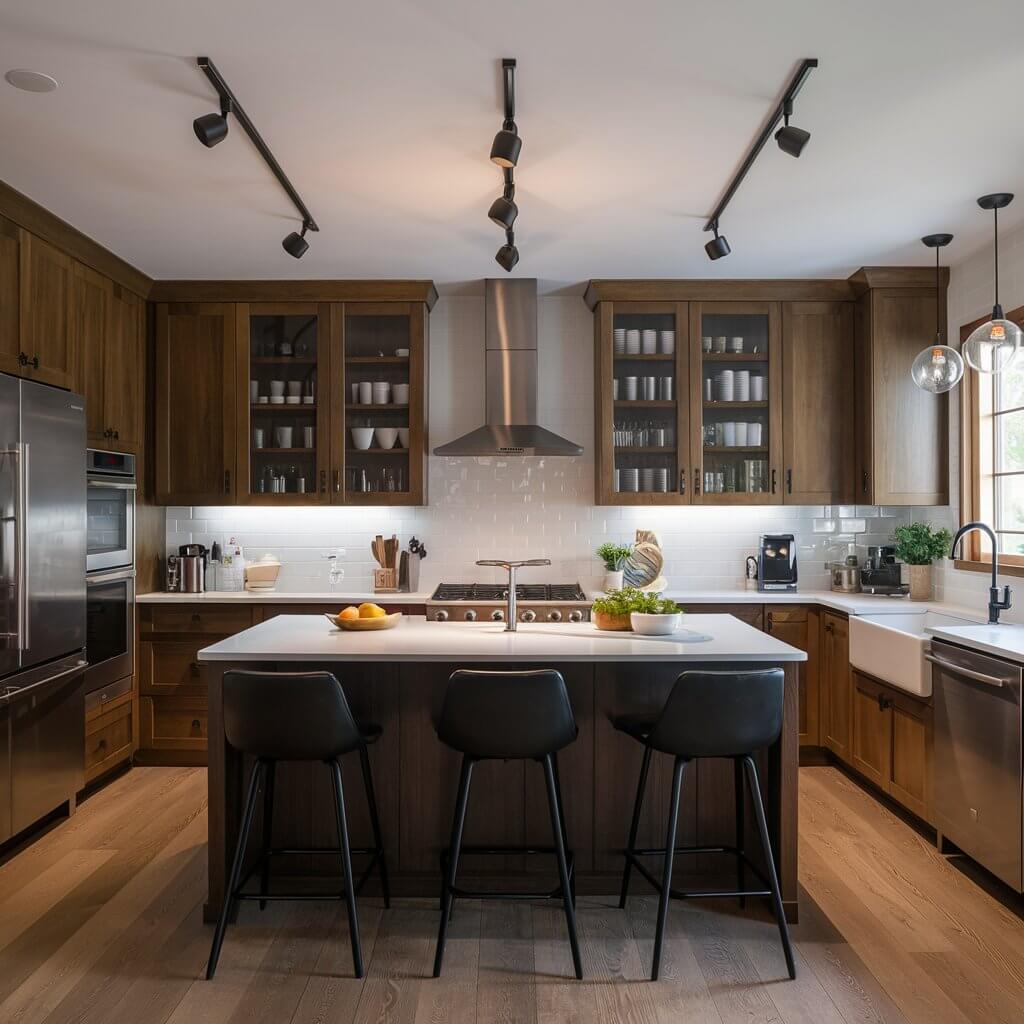 13 Kitchen Lighting Design Ideas That Will Illuminate Your Space 4 Versatile track ceiling lights illuminating a modern kitchen, providing adjustable lighting for cooking, dining, and entertaining. This kitchen lighting idea combines sleek design with functionality, creating a well-lit space that enhances both style and usability. Perfect for those looking for flexible and energy-efficient lighting solutions, these track lights bring a contemporary touch to any kitchen decor.