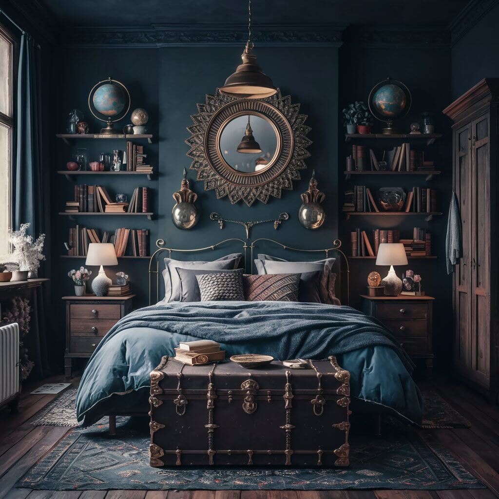 13 Dark Boho Bedroom Ideas That Will Inspire Your Next Redecorating Project 8 Cozy dark boho bedroom featuring vintage accents, including intricately carved wooden furniture, layered textiles, and warm ambient lighting. The space embodies a blend of rich earthy tones, woven rugs, and bohemian decor elements, creating an inviting, eclectic atmosphere perfect for relaxation. Ideal for inspiration on dark boho bedroom ideas with a touch of vintage charm.