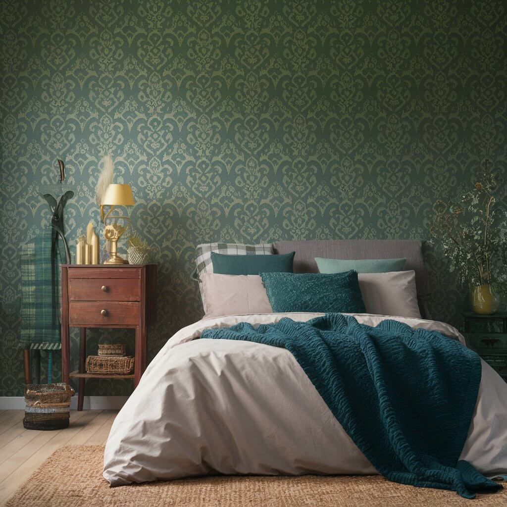 13 Stunning Green Bedroom Wallpaper Ideas You’ll Love 7 Explore vintage charm with these green bedroom wallpaper ideas, featuring soft botanical patterns and timeless designs that create a cozy, rustic feel. Perfect for a nature-inspired bedroom, this vintage-style wallpaper enhances your space with a touch of elegance and warmth. Whether you're looking for classic floral prints or retro geometric patterns, this green wallpaper will bring a unique, nostalgic flair to your room decor.
