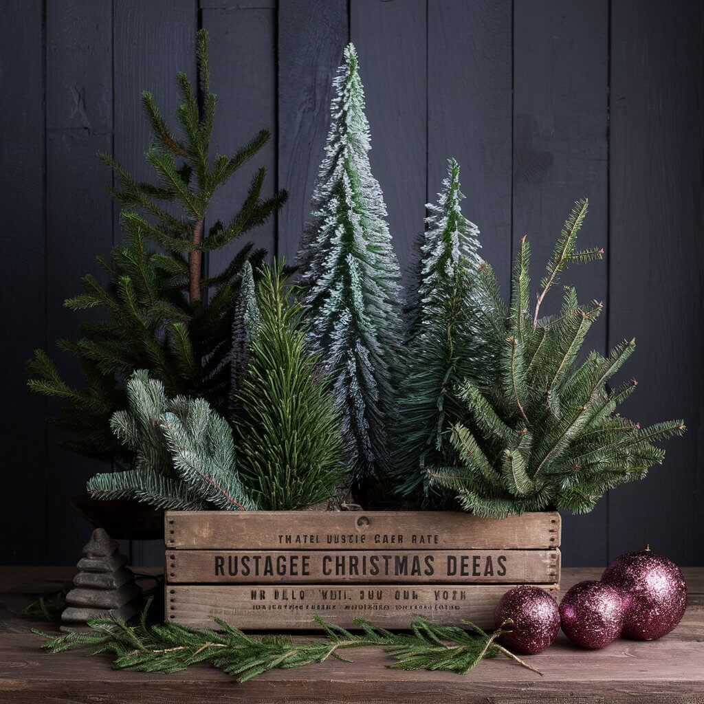 15 Must-Try Rustic Christmas Decor Ideas for a Whimsical Holiday 9 Vintage crate full of mini Christmas trees adorned with rustic ornaments, bringing cozy and traditional charm to holiday decor. Perfect inspiration for rustic Christmas decor ideas with an old-fashioned, vintage aesthetic.