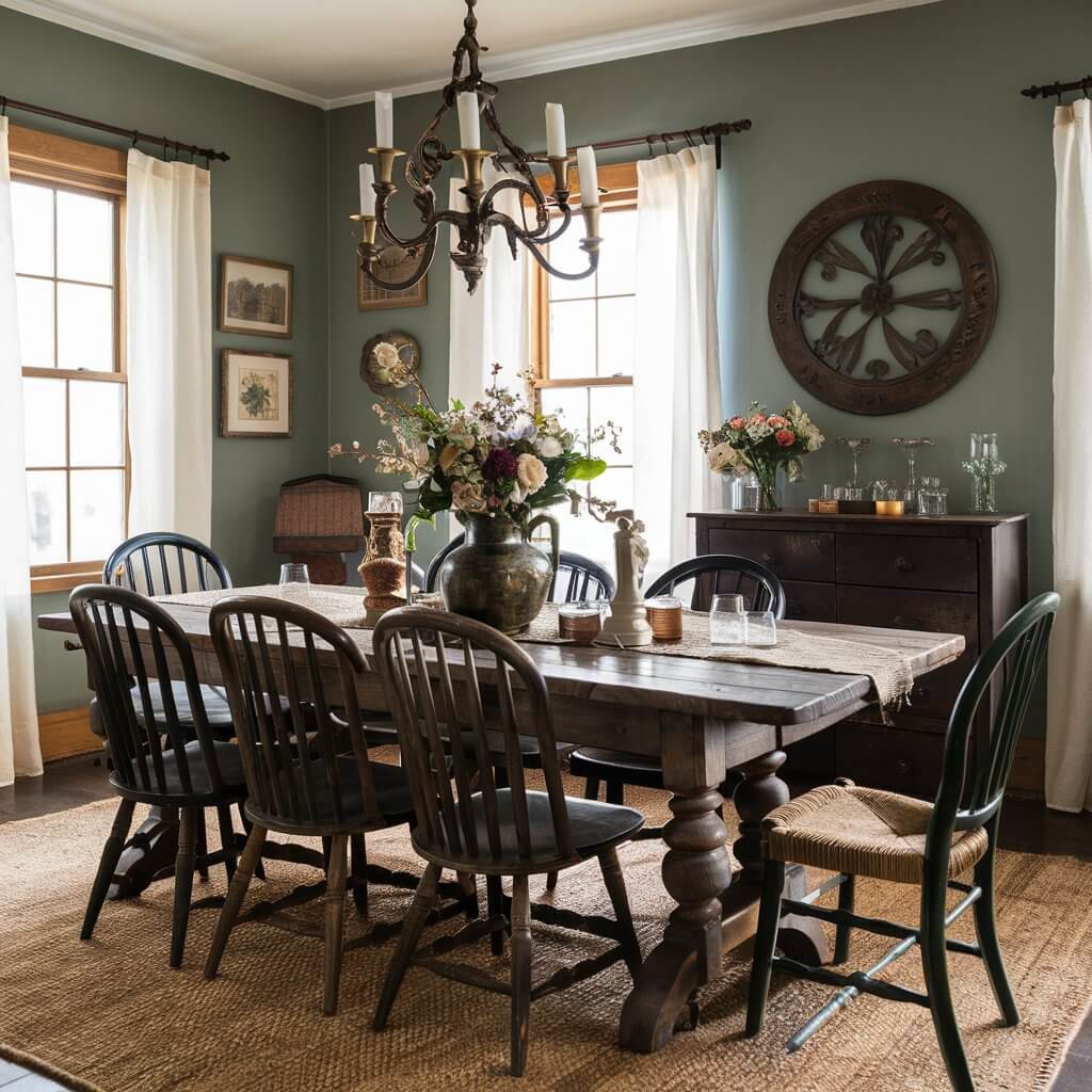 Rustic dining room showcasing a vintage farm table made from reclaimed wood, featuring a warm, inviting finish. The table is surrounded by mismatched wooden chairs, enhancing the farmhouse aesthetic. Soft natural light streams in from a nearby window, illuminating the table's unique grain and rustic charm, making it the perfect centerpiece for cozy family gatherings or intimate dinners.