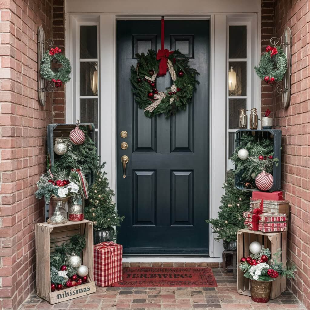 13 Must-Try Christmas Entryway Décor Ideas for a Warm Welcome 8 Vintage-inspired Christmas entryway decor featuring timeless holiday touches like a classic wreath adorned with red berries, rustic lanterns with glowing candles, and antique ornaments. This cozy and festive setup combines nostalgic charm and elegant holiday cheer, creating a warm welcome for guests.