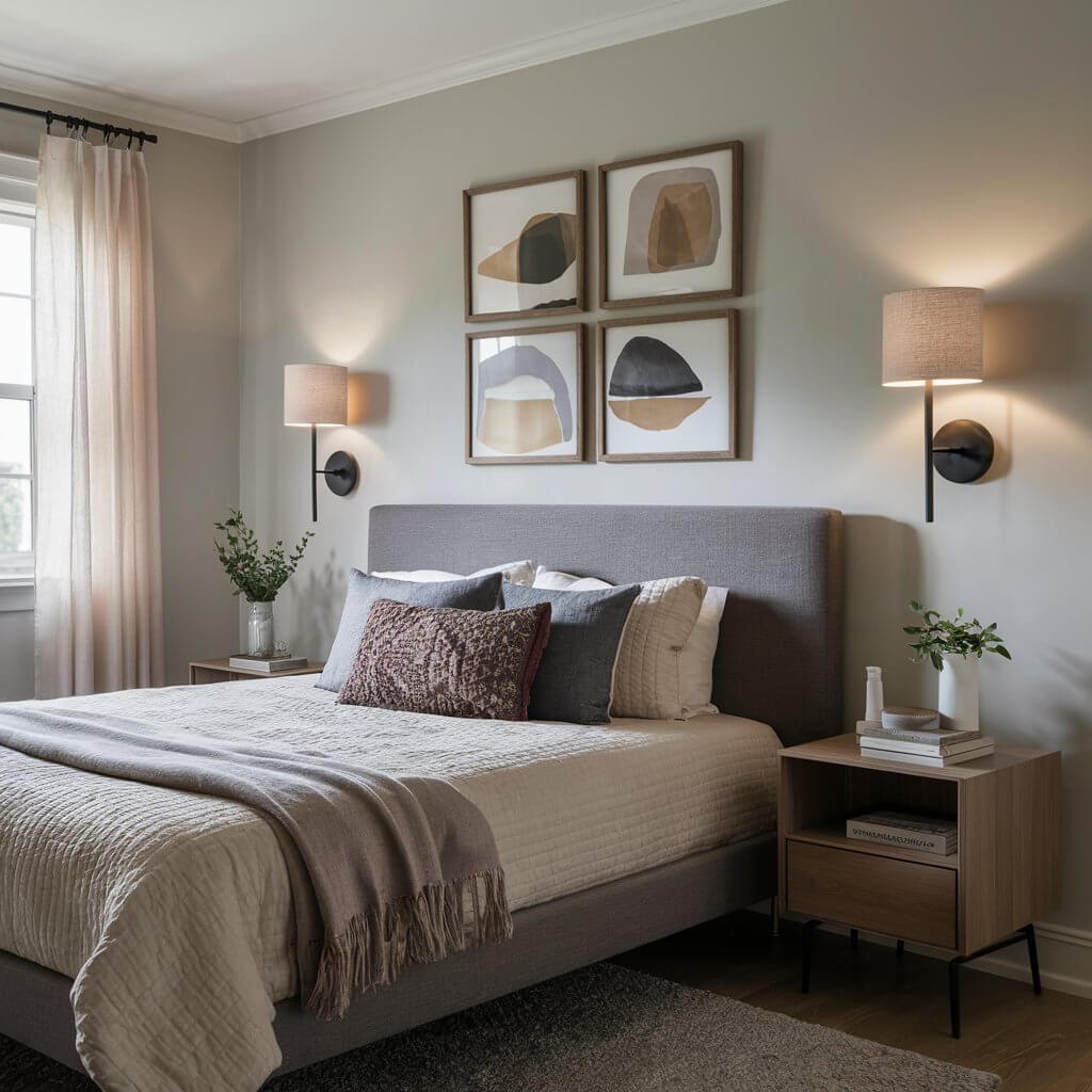 13 Creative Small Bedroom Lighting Ideas to Brighten Your Space 2 Cozy small bedroom lighting idea featuring wall sconces with a soft glow, creating a warm and intimate ambiance. Perfect for maximizing space in compact bedrooms, these modern wall-mounted lights add both style and functional lighting without taking up floor space. Ideal for small bedrooms looking to incorporate soft, ambient lighting solutions to enhance relaxation and comfort.