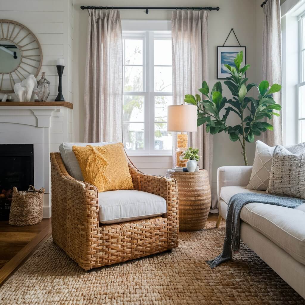 12 Coastal Living Room Chairs Perfect for Lazy Summer Days 1 Water Hyacinth Armchair in a coastal living room setting, showcasing natural woven textures and light, airy design. Perfect for adding a touch of organic, seaside charm, this accent chair enhances coastal décor with its warm, earthy tones and inviting look, blending effortlessly with white and blue interior palettes.