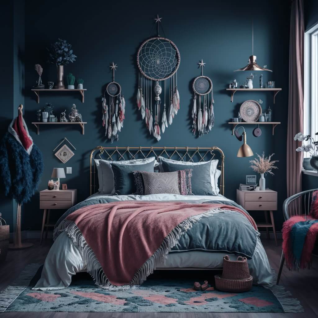13 Dark Boho Bedroom Ideas That Will Inspire Your Next Redecorating Project 13 Dark boho bedroom ideas featuring whimsical accessories like intricate tapestries, decorative string lights, and unique vintage accents. This cozy and eclectic space blends rich textures, deep hues, and playful details, creating a relaxed yet stylish ambiance perfect for a modern bohemian aesthetic. Ideal for those seeking inspiration for a moody, artistic bedroom filled with charm and personality.