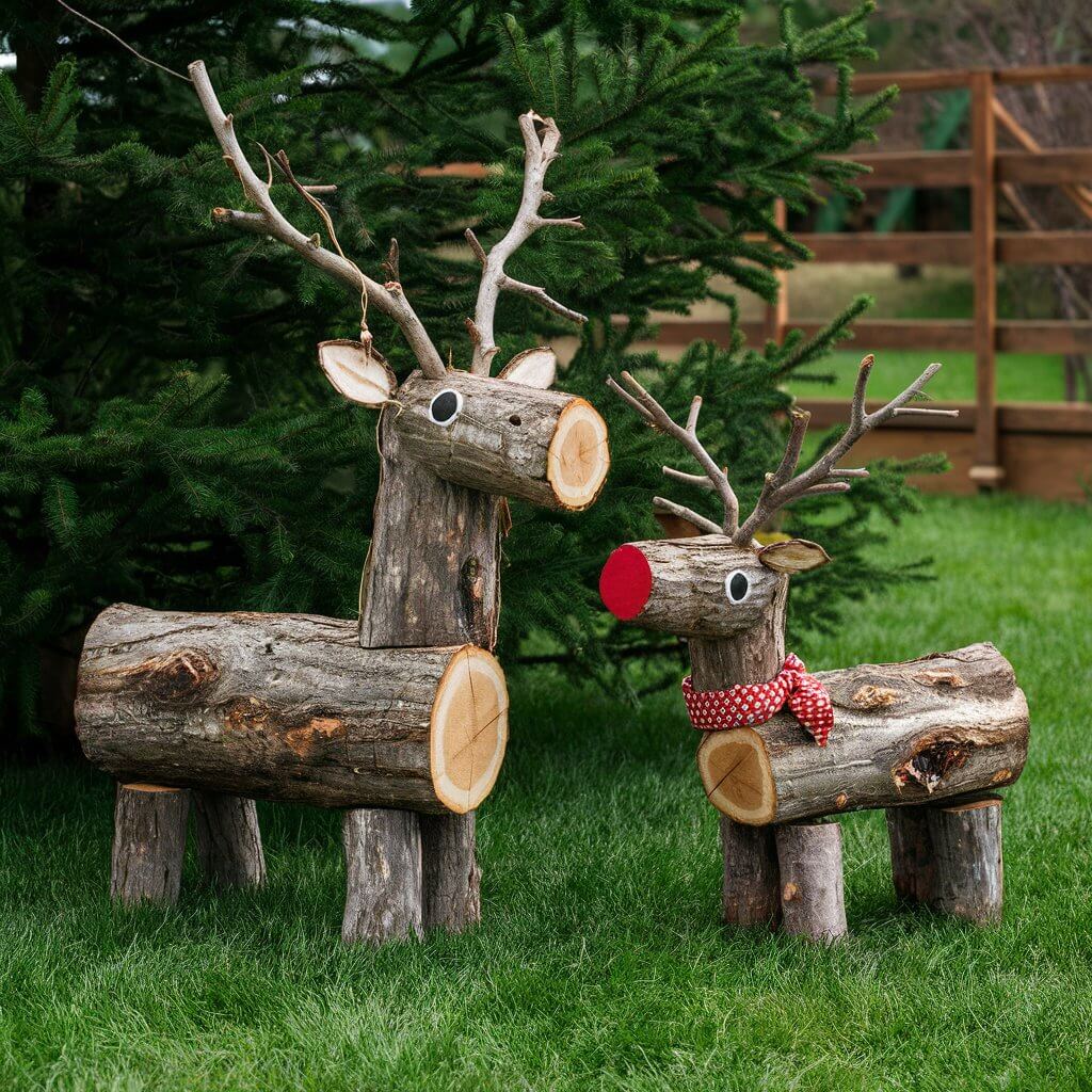 13 Unique Christmas Tree Yard Decoration Ideas for a Magical Holiday 1 Whimsical Wooden Log Reindeer as a charming Christmas tree yard decoration, featuring a rustic, handcrafted design perfect for holiday outdoor decor. This unique reindeer sculpture, made from logs and natural wood elements, adds a touch of whimsy and warmth to your festive yard display. Ideal for creating a magical winter wonderland with organic rustic charm, perfect for enhancing your Christmas tree yard setup and celebrating the season in style.