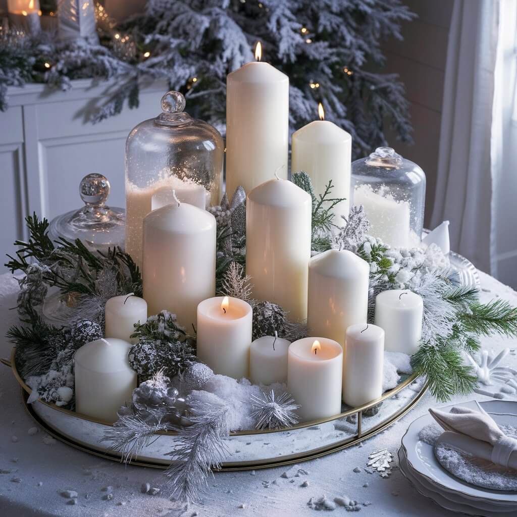 13 Creative White Christmas Decorations Ideas to Make Your Home Sparkle 8 Elegant white candle arrangements for White Christmas decorations ideas, featuring tall pillar candles, delicate white taper candles, and frosted greenery. This festive setup adds a touch of serene charm and warmth to holiday tablescapes and mantel displays, perfect for creating a sophisticated, winter wonderland ambiance in your home