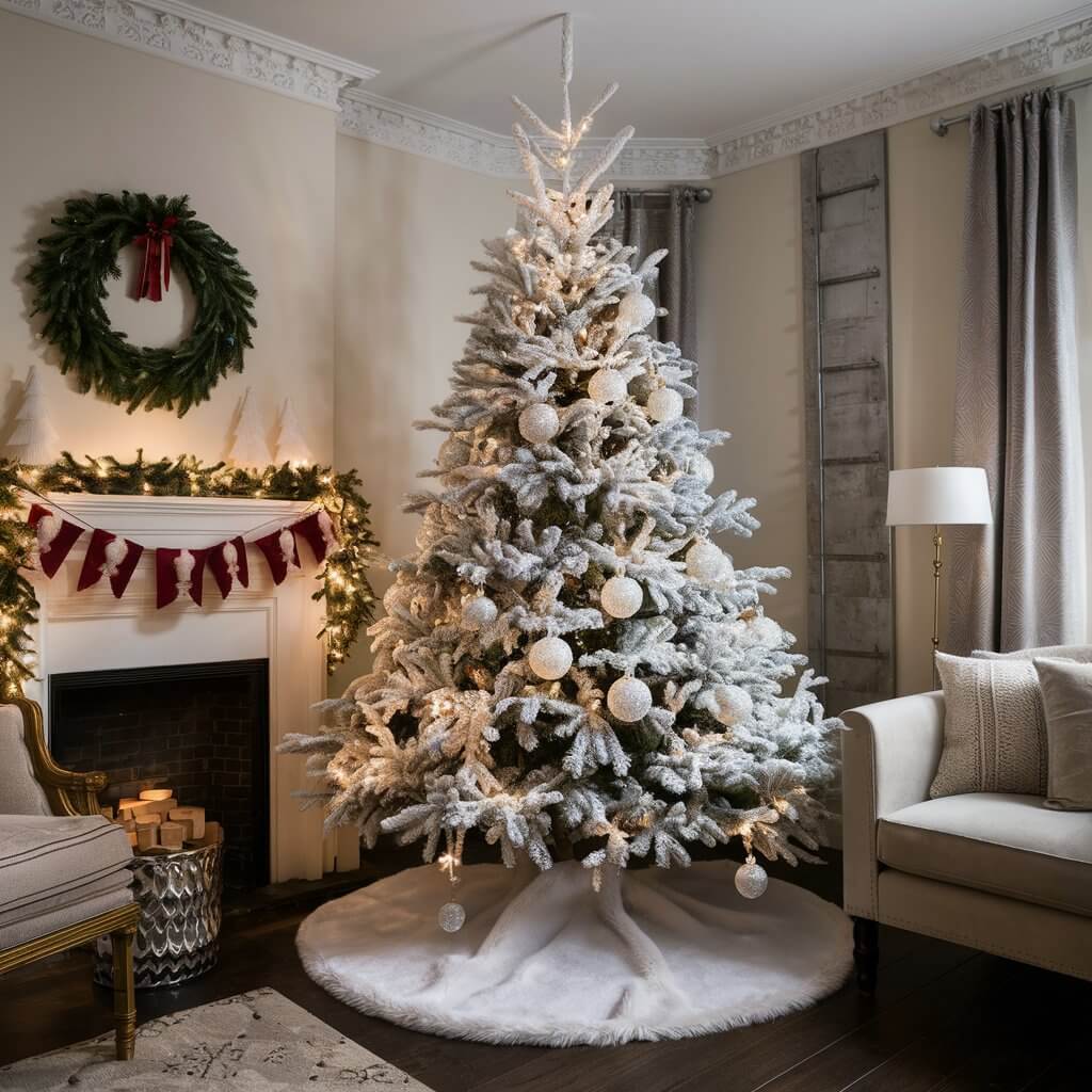 13 Creative White Christmas Decorations Ideas to Make Your Home Sparkle 13 Elegant white Christmas tree skirt featuring intricate lace and metallic accents, perfect for creating a sophisticated holiday atmosphere. This beautiful tree skirt complements a white Christmas theme, adding a touch of luxury and festive charm to your home decor. Ideal for those looking for modern and stylish Christmas decorations, this white tree skirt pairs seamlessly with snowy-themed ornaments and a minimalist holiday aesthetic.