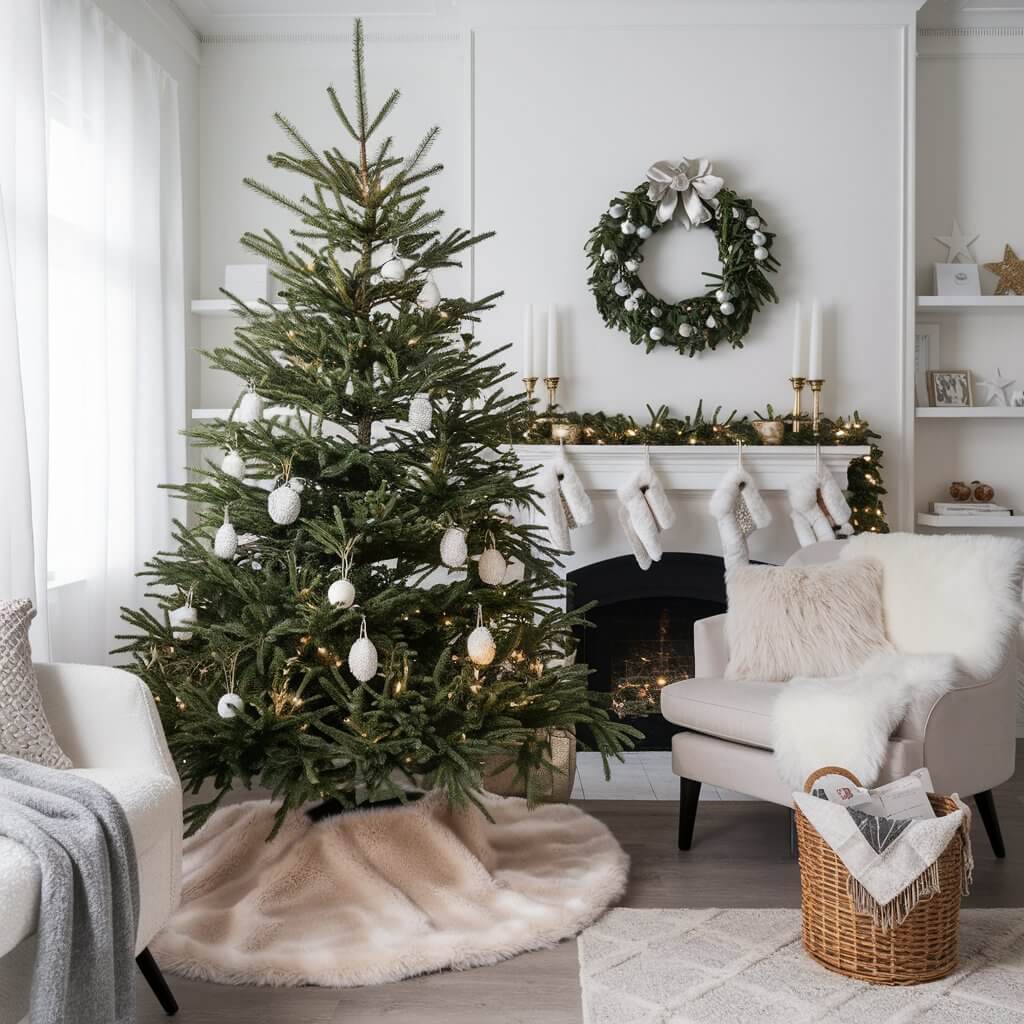 13 Creative White Christmas Decorations Ideas to Make Your Home Sparkle 10 Elegant White Christmas Decorations Ideas featuring luxurious white faux fur accents. This holiday decor inspiration showcases cozy faux fur elements like throw blankets, pillows, and rugs, adding a warm, stylish touch to your festive home decor. Perfect for creating a winter wonderland vibe, these white faux fur accents elevate your Christmas ambiance with softness and charm. Ideal for those looking to blend modern elegance with seasonal cheer.