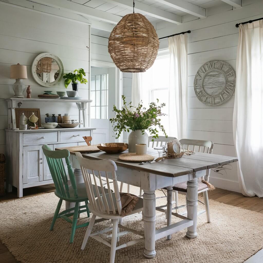 Whitewashed rustic dining room table with natural wood grain finish, creating a cozy farmhouse ambiance. This table features a distressed whitewash texture, perfect for rustic and farmhouse-inspired dining spaces. Styled with neutral table settings and wooden chairs, this rustic table offers a warm, inviting centerpiece for gatherings, blending vintage charm with modern rustic decor