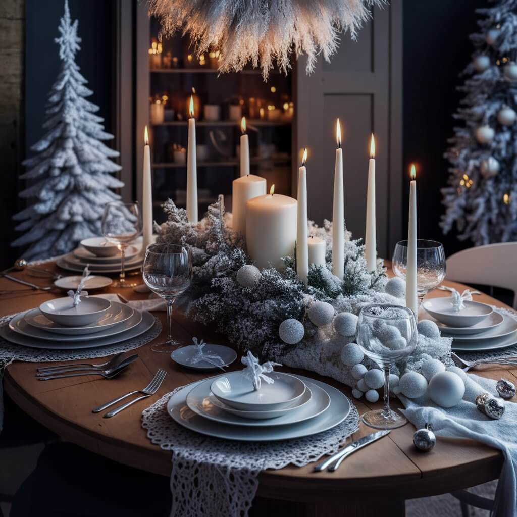 13 Creative White Christmas Decorations Ideas to Make Your Home Sparkle 4 Wintery table settings featuring elegant white Christmas decorations, including snow-dusted garlands, frosted candle holders, and shimmering silver accents, creating a sophisticated and festive holiday atmosphere perfect for seasonal dining and celebration.