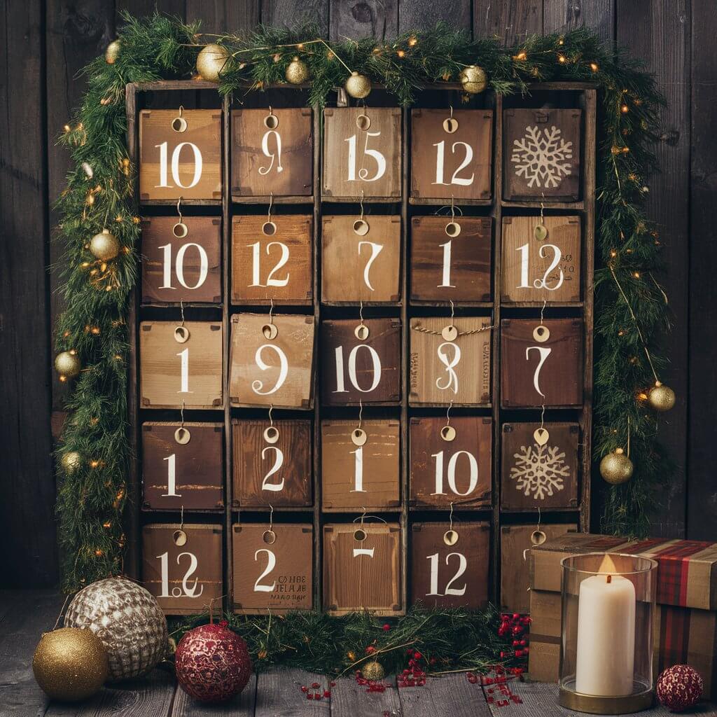 15 Must-Try Rustic Christmas Decor Ideas for a Whimsical Holiday 12 Rustic Christmas decor ideas featuring a charming wooden crate advent calendar filled with festive accents, perfect for a cozy holiday season. This handmade wooden crate is styled with natural elements, offering a warm, farmhouse-inspired look for your Christmas decor. A unique and stylish way to count down the days to Christmas, ideal for those looking for rustic holiday decorations with a vintage touch.
