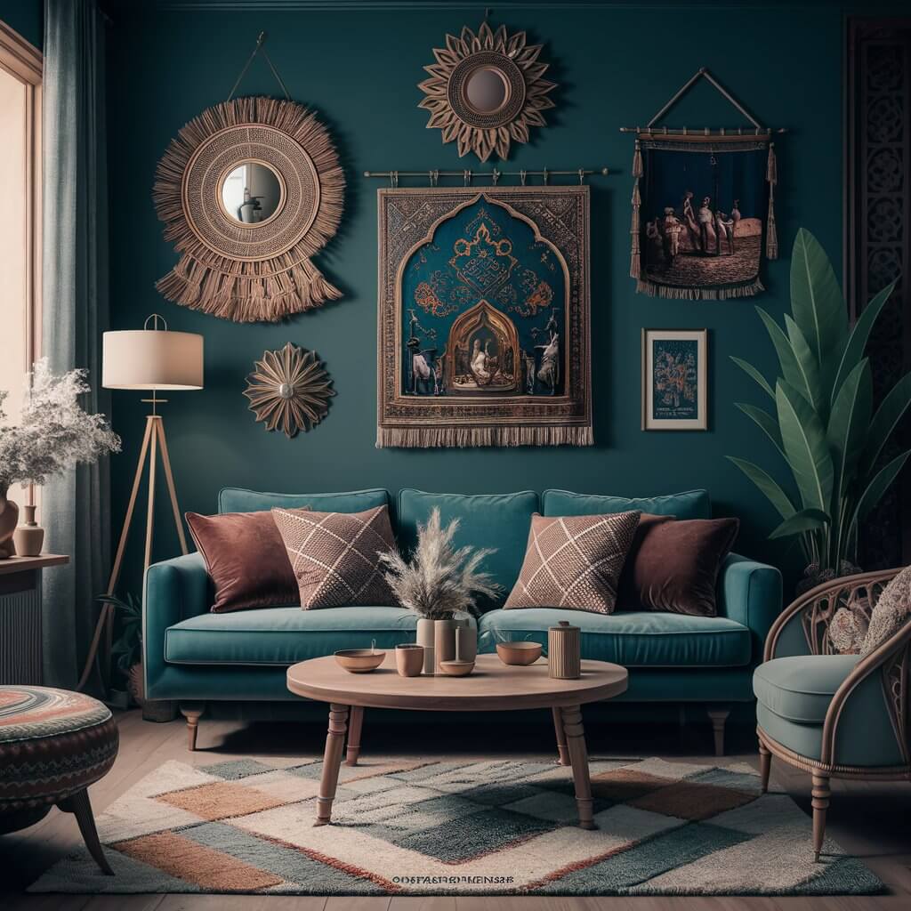 13 Stunning Moroccan Décor Pieces to Elevate Your Living Room 7 Vibrant Moroccan living room featuring artistic wall art with intricate geometric patterns and bold colors. The traditional design blends seamlessly with modern decor elements, creating an inviting and stylish space. Perfect inspiration for Moroccan living room ideas and decor tips.