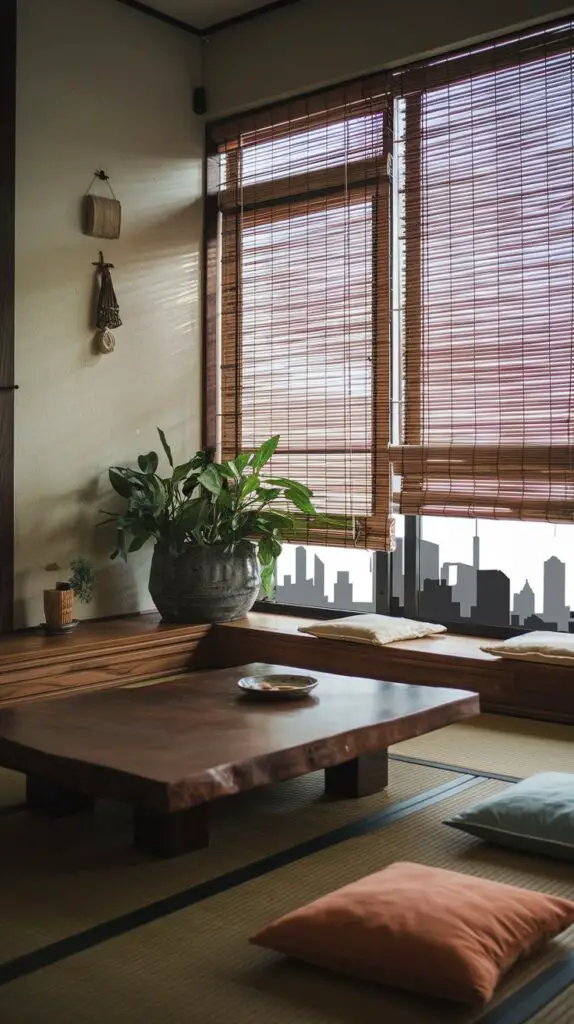 Eco-friendly bamboo blinds in a Japanese-style living room, offering a natural and minimalist design. These stylish bamboo blinds provide effective sunlight control while adding elegance and a serene atmosphere to the space. A sustainable and practical choice for your home, bamboo blinds enhance the tranquility and simplicity characteristic of Japanese-inspired decor. Easy to install and maintain, these blinds come in various styles and colors, complementing any interior while helping to keep your room cool and comfortable.