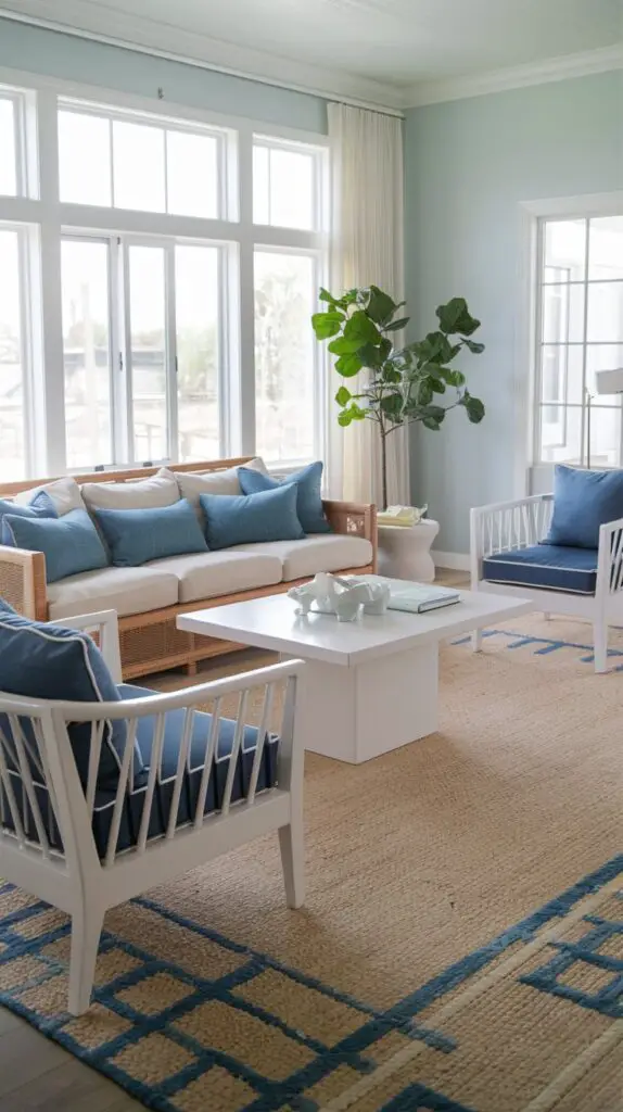 13 Coastal Home Décor Ideas to Make Your Home a Beachfront Paradise 10 Coastal Home Décor Ideas: Beach-Inspired Rugs featuring seaside patterns and oceanic shades. These rugs add a beachy vibe with natural materials like jute and sisal, creating texture and a rustic charm in your space. Perfect for enhancing coastal décor, they protect floors while complementing ocean-inspired colors like blues and sandy tones. Durable and organic, jute and sisal rugs seamlessly blend with other coastal elements, offering both style and functionality to your home.