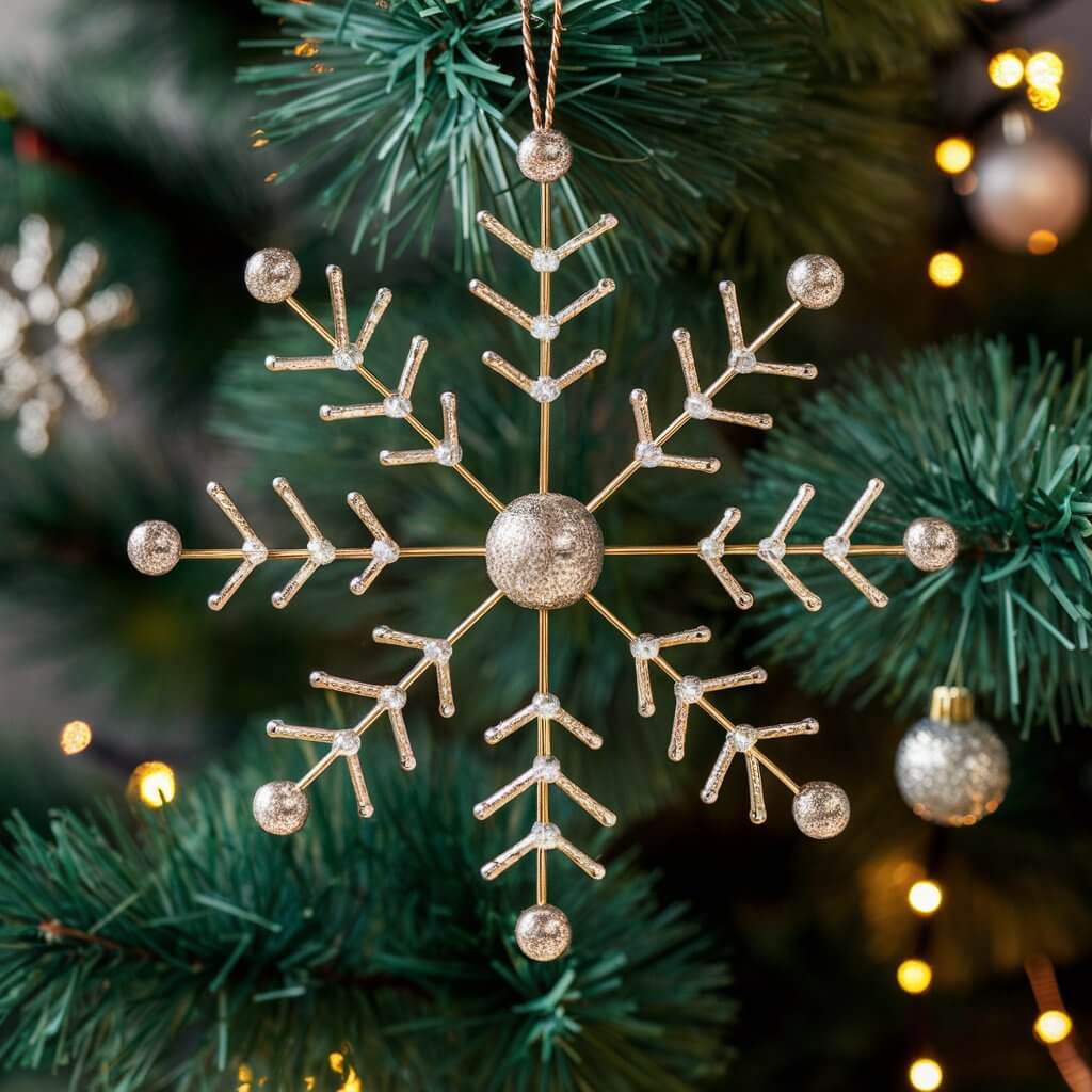 Close-up of handcrafted beaded snowflake ornaments, featuring intricate designs with sparkling beads in festive colors of silver, white, and blue, perfect for Christmas house decoration ideas. These DIY ornaments add an elegant touch to holiday decor, hanging beautifully on Christmas trees or as unique embellishments for windows and garlands.