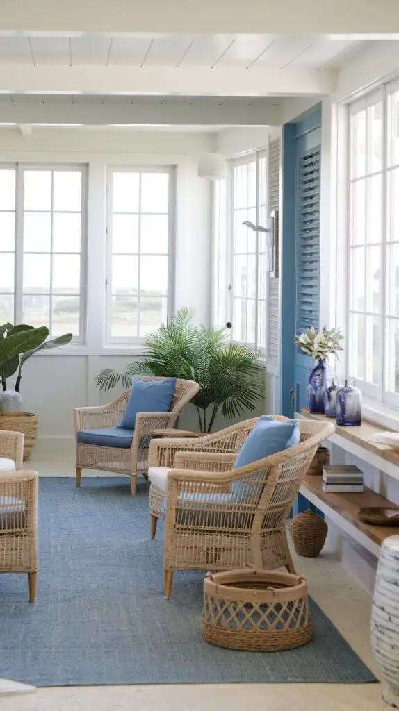 13 Coastal Home Décor Ideas to Make Your Home a Beachfront Paradise 2 Light and airy living room with breezy color schemes showcasing coastal home décor ideas. Features soft blues, whites, and sandy neutrals, complemented by natural wood and rattan accents. This tranquil design evokes a relaxing beach atmosphere, making the space feel fresh, inviting, and open, perfect for a serene coastal-inspired retreat.
