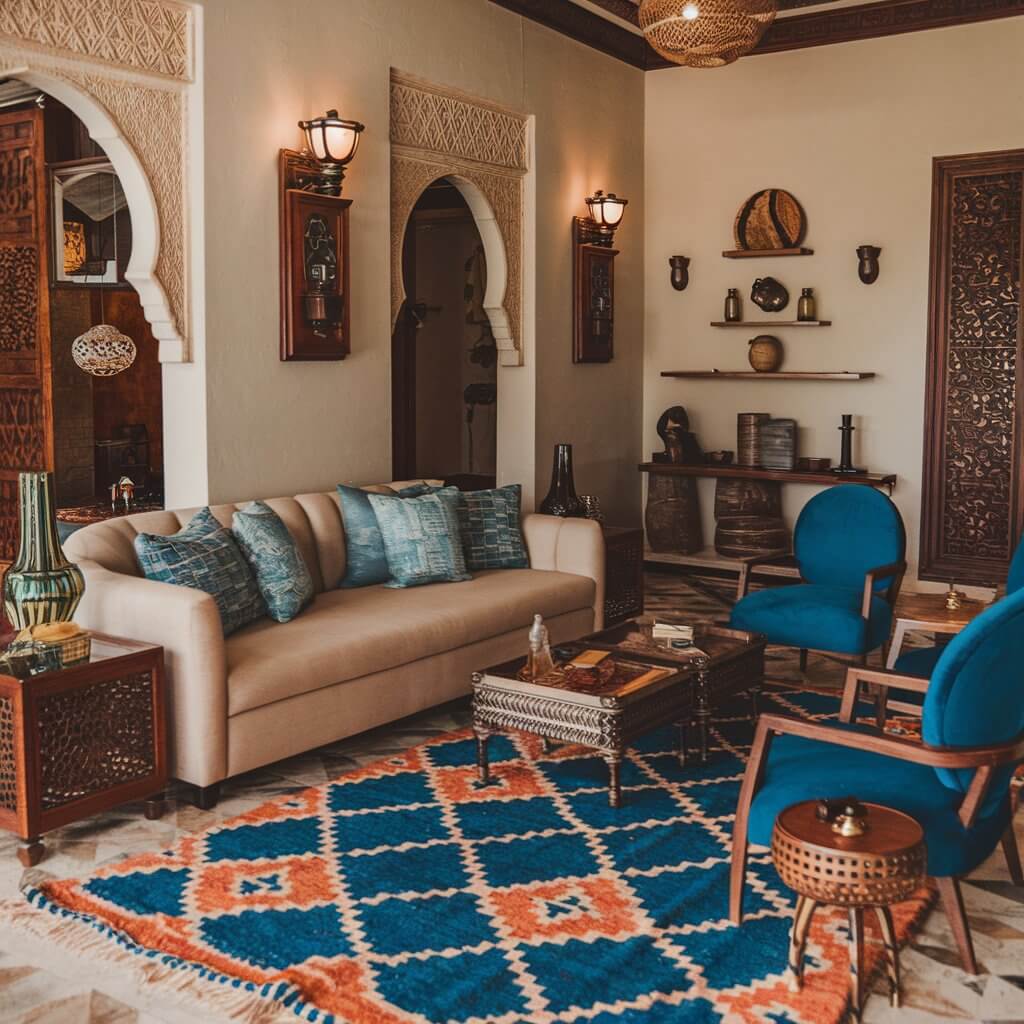 13 Stunning Moroccan Décor Pieces to Elevate Your Living Room 10 Discover Moroccan living room ideas with intricate carved wooden accents that add a touch of traditional elegance. These hand-carved designs bring authentic Moroccan charm to any space, perfect for enhancing the warmth and cultural depth of your living area. Ideal for creating a cozy yet exotic interior.
