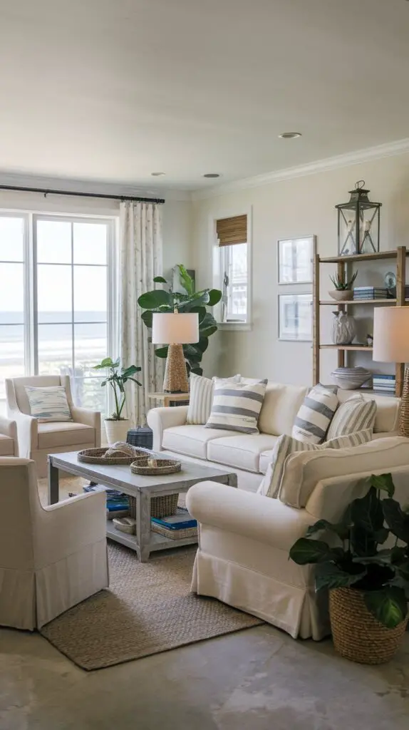 13 Coastal Home Décor Ideas to Make Your Home a Beachfront Paradise 9 Coastal home décor ideas featuring stunning coastal lighting solutions: lantern-style fixtures with weathered finishes for a vintage beachside vibe, rope-wrapped lamps adding rustic nautical charm, and driftwood chandeliers serving as focal points that bring natural seaside elements into the space. Perfect for creating a cozy and airy beach retreat.