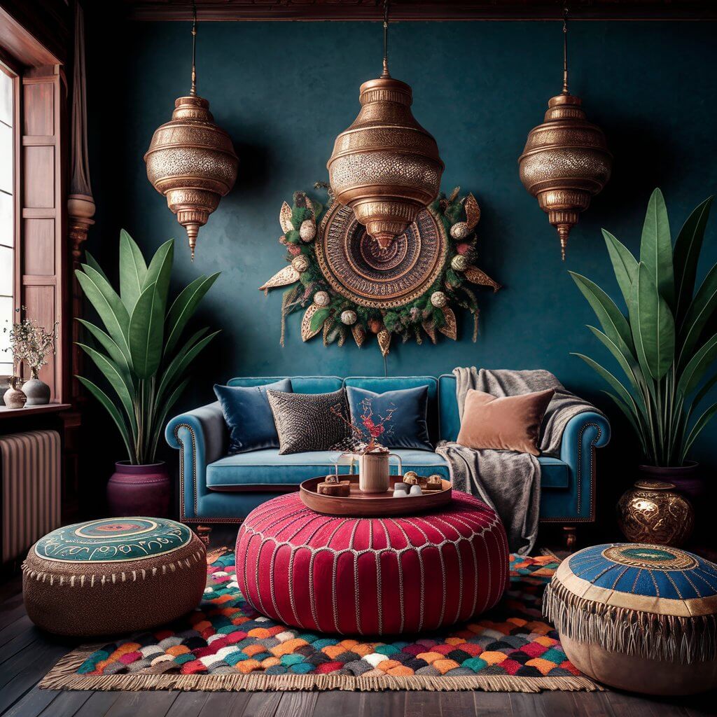 13 Stunning Moroccan Décor Pieces to Elevate Your Living Room 6 Vibrant Moroccan living room featuring colorful poufs, intricately patterned rugs, and traditional lanterns that exude exotic charm. This cozy setup blends warm tones with bold textures, creating an inviting ambiance inspired by Moroccan decor ideas.