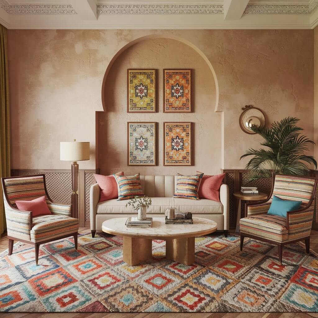 13 Stunning Moroccan Décor Pieces to Elevate Your Living Room 12 Vibrant Moroccan living room featuring colorful rugs with intricate patterns, adding warmth and traditional charm to the space. The bold, earthy tones of the rugs complement the cozy cushions, low seating, and ornate lanterns, creating an authentic Moroccan-inspired decor. Perfect for those seeking unique Moroccan living room ideas with a pop of color and cultural elegance.
