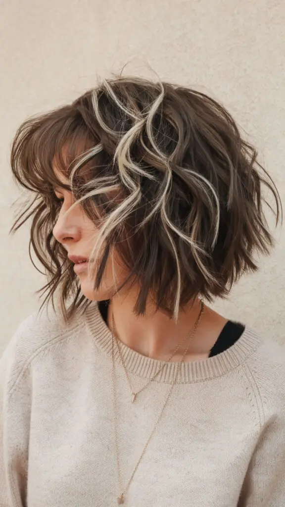 Curly Bob with Highlights: A chic and vibrant hairstyle featuring beautifully defined curls with natural-looking highlights that add depth and texture. This trendy short hair look is perfect for adding volume and creating a sun-kissed effect, enhanced by a seamless balayage technique. Ideal for anyone looking for a low-maintenance yet stylish hair makeover.