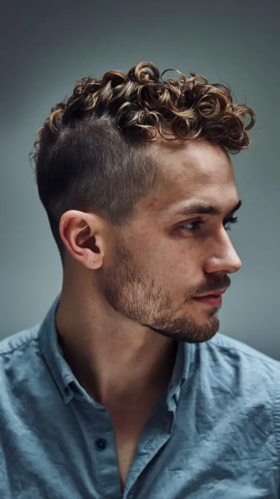 Curly Faux Hawk: A bold and stylish short hair look featuring defined curls atop neatly trimmed sides, blending the edgy appeal of a mohawk with the natural beauty of textured curls. Perfect for showcasing individuality, this striking hairstyle is easy to achieve and maintain with the right tools and products for defining curls and holding the style in place.