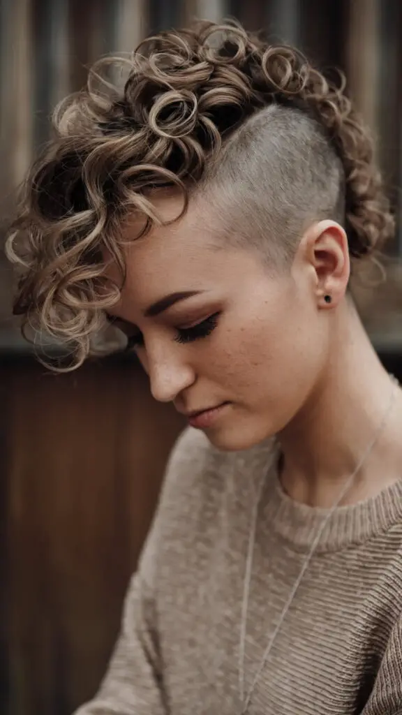 Close-up of a stylish curly mohawk hairstyle, featuring well-defined curls along the center with shaved sides, creating a bold and edgy look. This short hair styling idea showcases how to enhance natural curls with a curl-defining product for a voluminous and striking finish. Perfect for anyone exploring unique ways to style short hair with curls.