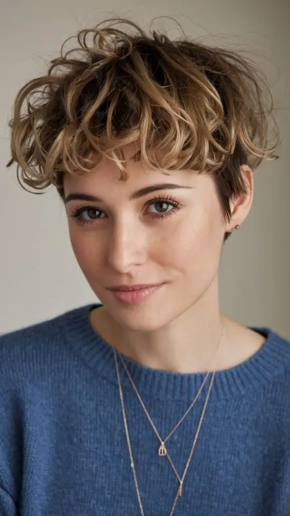 Curly Pixie Cut styled with defined, bouncy curls on short hair, enhanced with a curl-enhancing product and dried with a diffuser for a voluminous, textured look. A perfect example of how to style short hair with curls, featuring soft waves and a light, lasting hold for all-day definition.